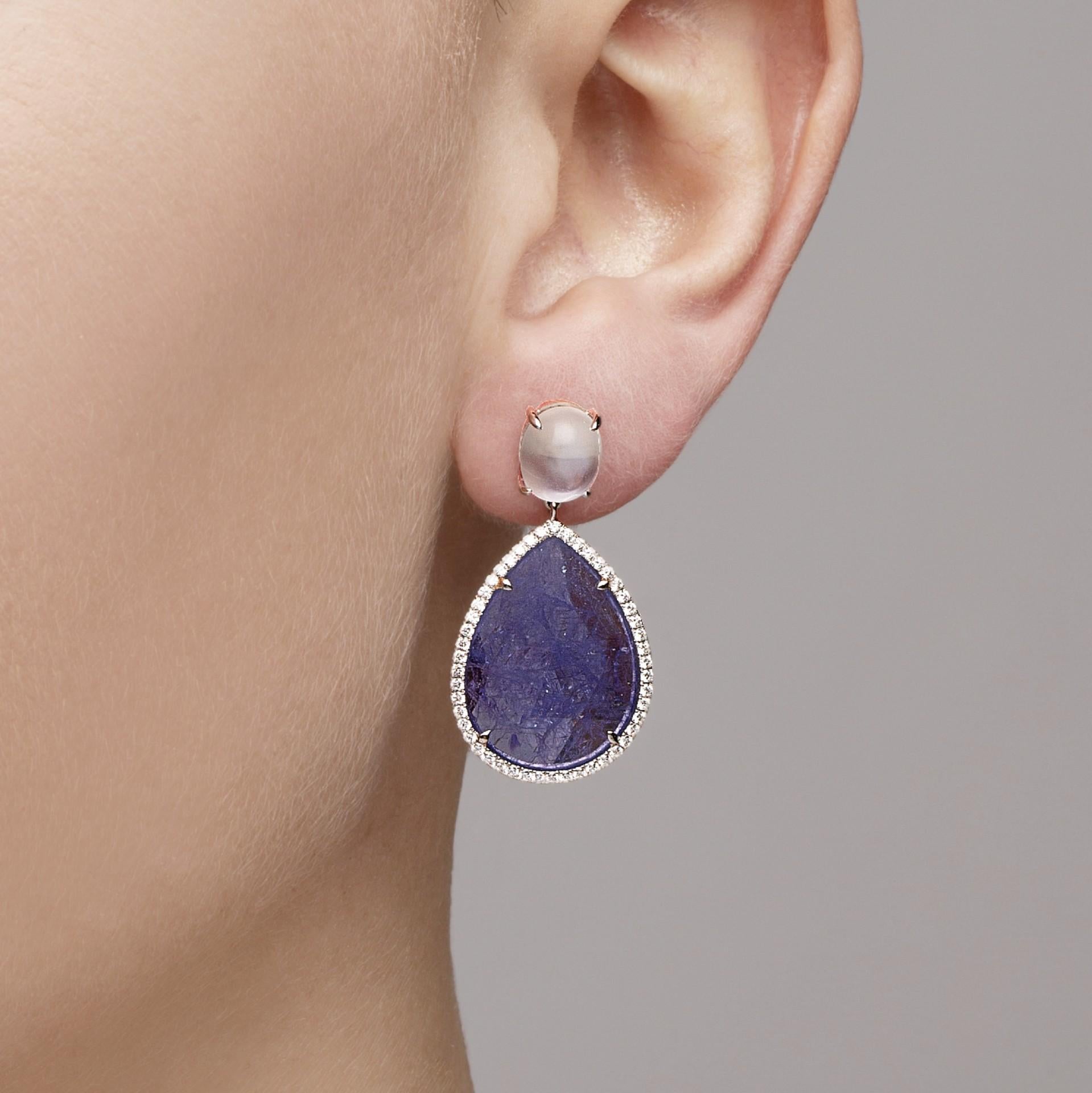 Alex Jona, pietra di luna, tanzanite, diamante bianco, oro bianco 18 carati, orecchini a pendente In condizioni Nuovo in vendita a Lugano, CH
