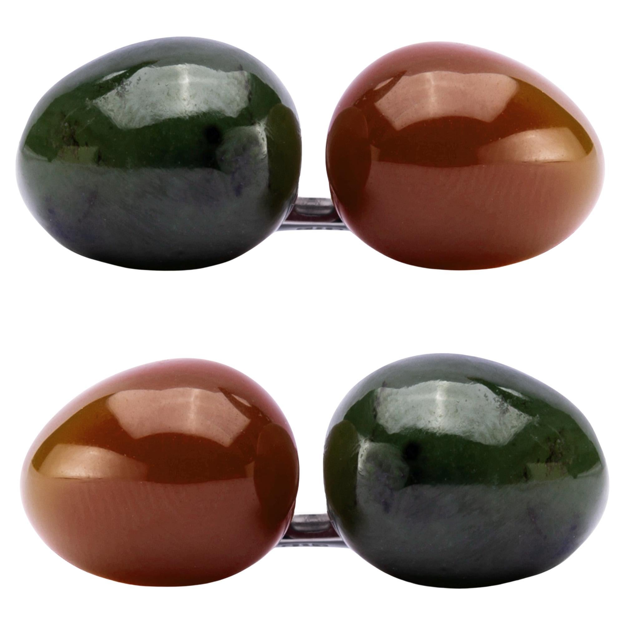 Alex Jona Moss Agate Carnelian Egg Shaped Sterling Silver Cufflinks