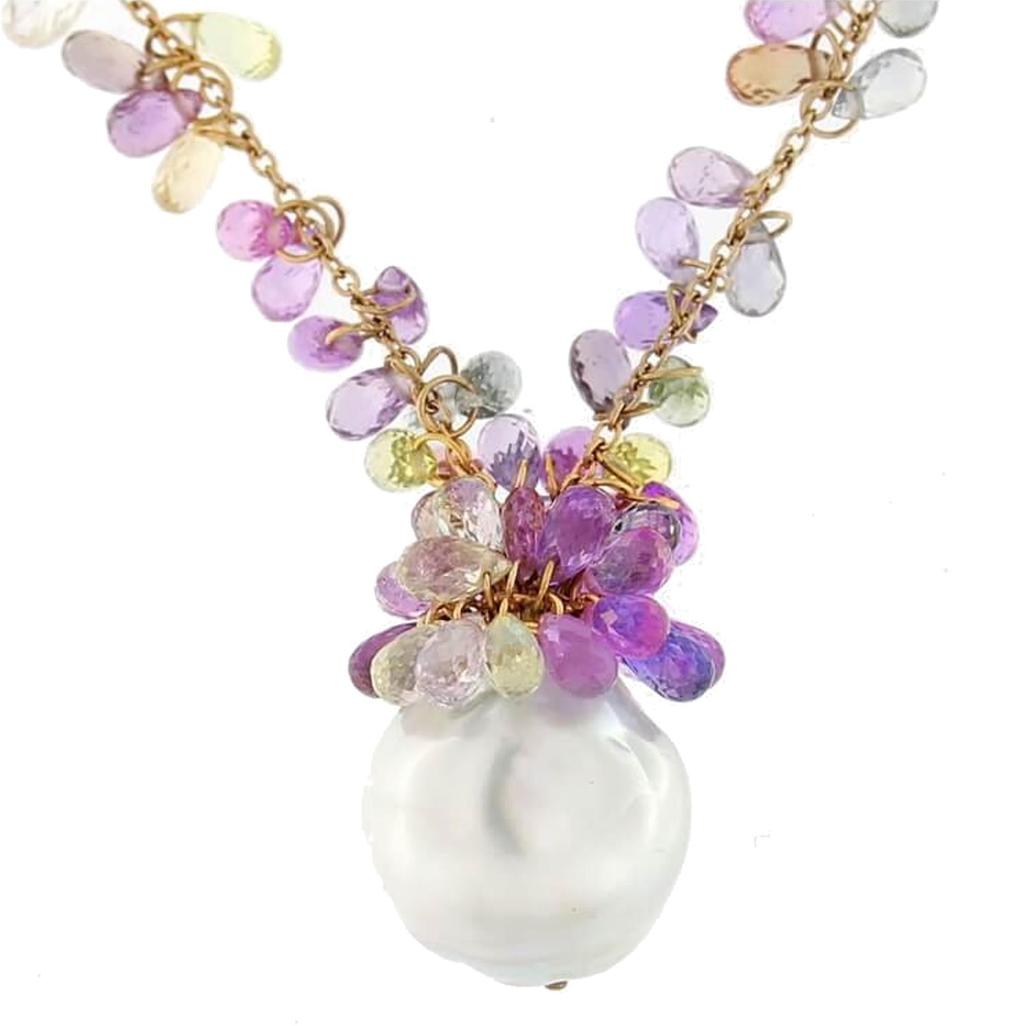 Pear Cut Alex Jona Multicolor Sapphire South Sea Pearl Tassel 18 Karat Rose Gold Necklace For Sale