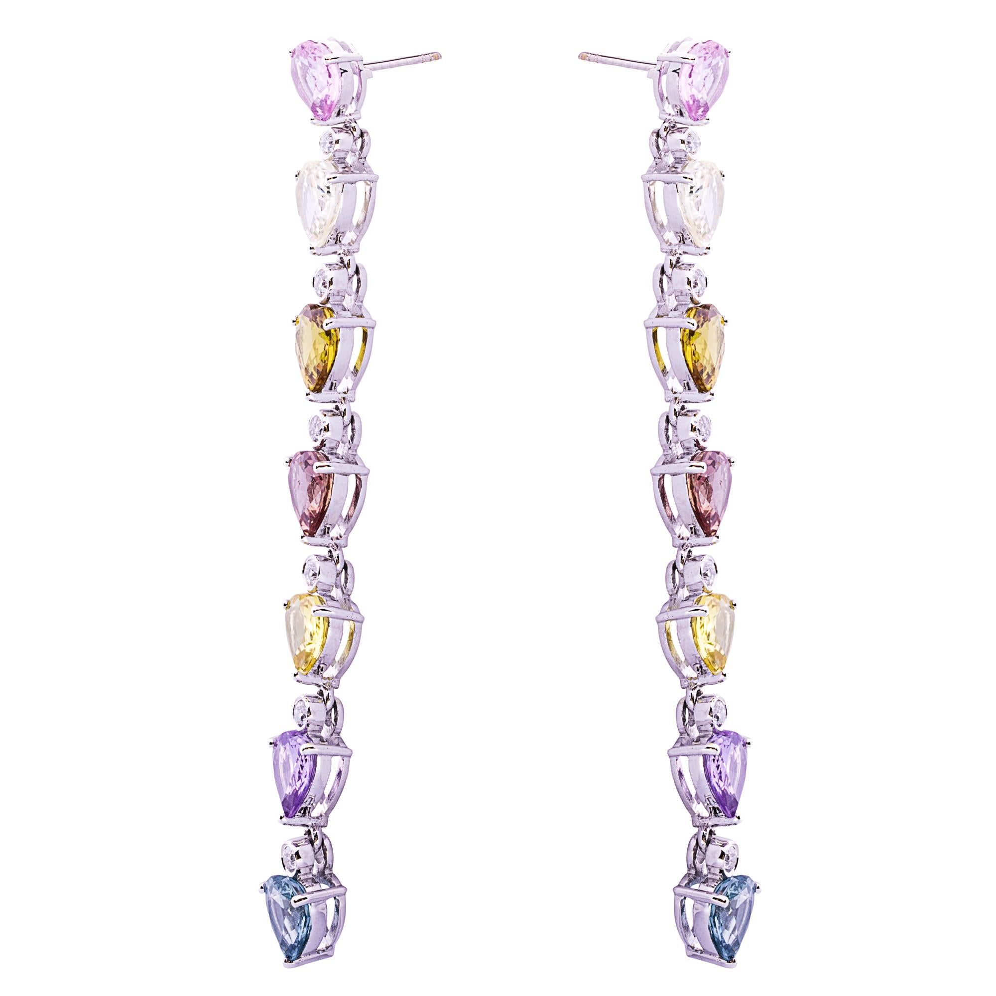 Pear Cut Alex Jona Multicolor Sapphire White Diamond 18 Karat White Gold Drop Earrings For Sale