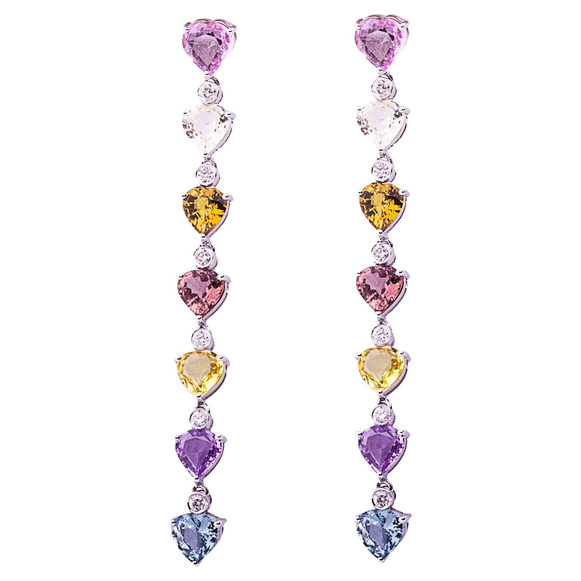 Alex Jona Multicolor Sapphire White Diamond 18 Karat White Gold Drop Earrings