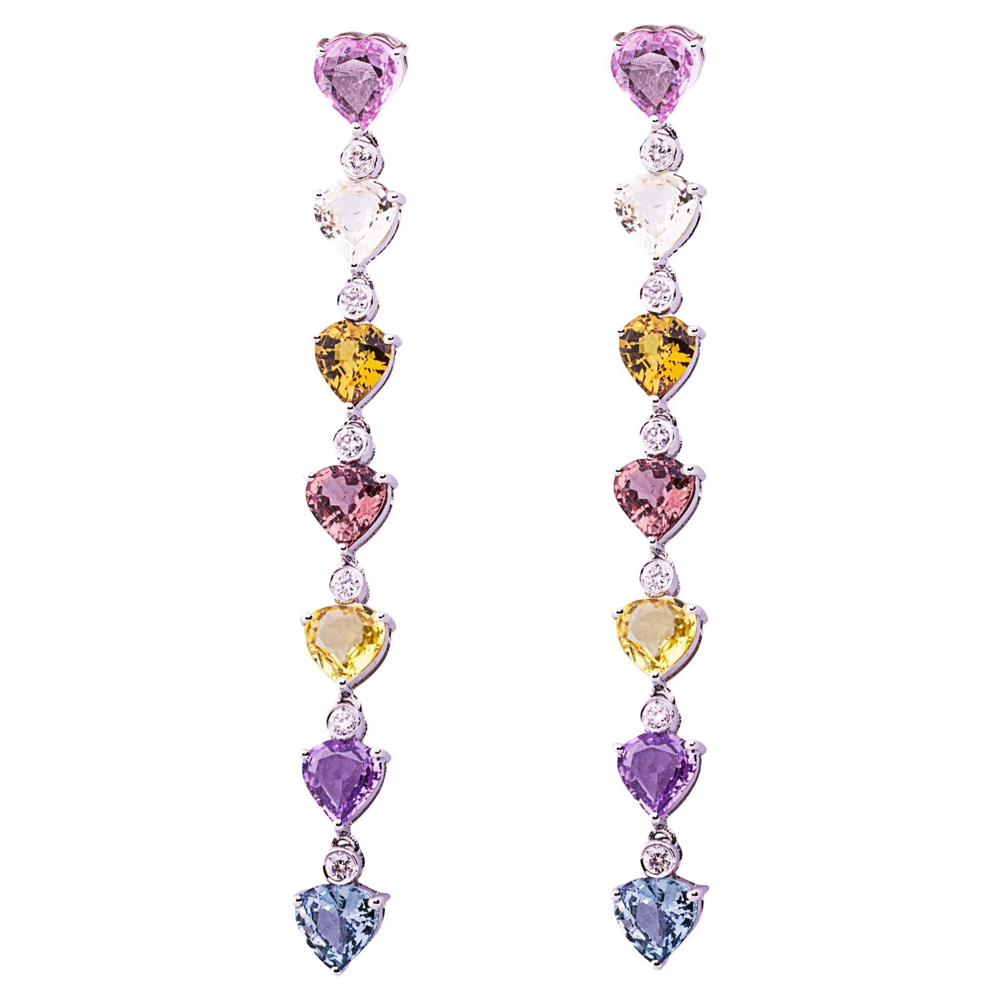 Alex Jona Multicolor Sapphire White Diamond 18 Karat White Gold Drop Earrings For Sale