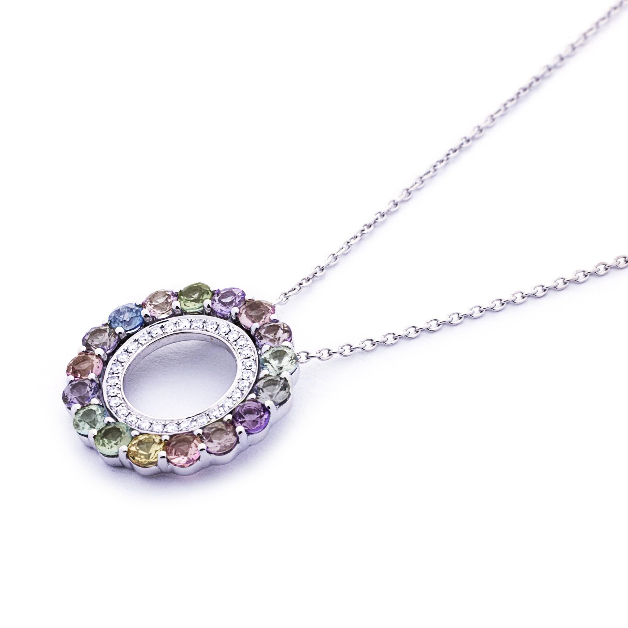 Round Cut Alex Jona Multicolor Sapphire White Diamond 18 Karat White Gold pendant Necklace For Sale