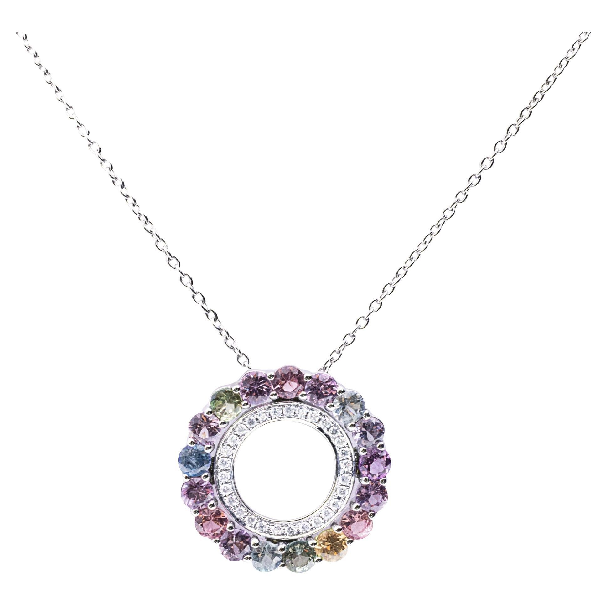 Alex Jona Multicolor Sapphire White Diamond 18 Karat White Gold pendant Necklace For Sale