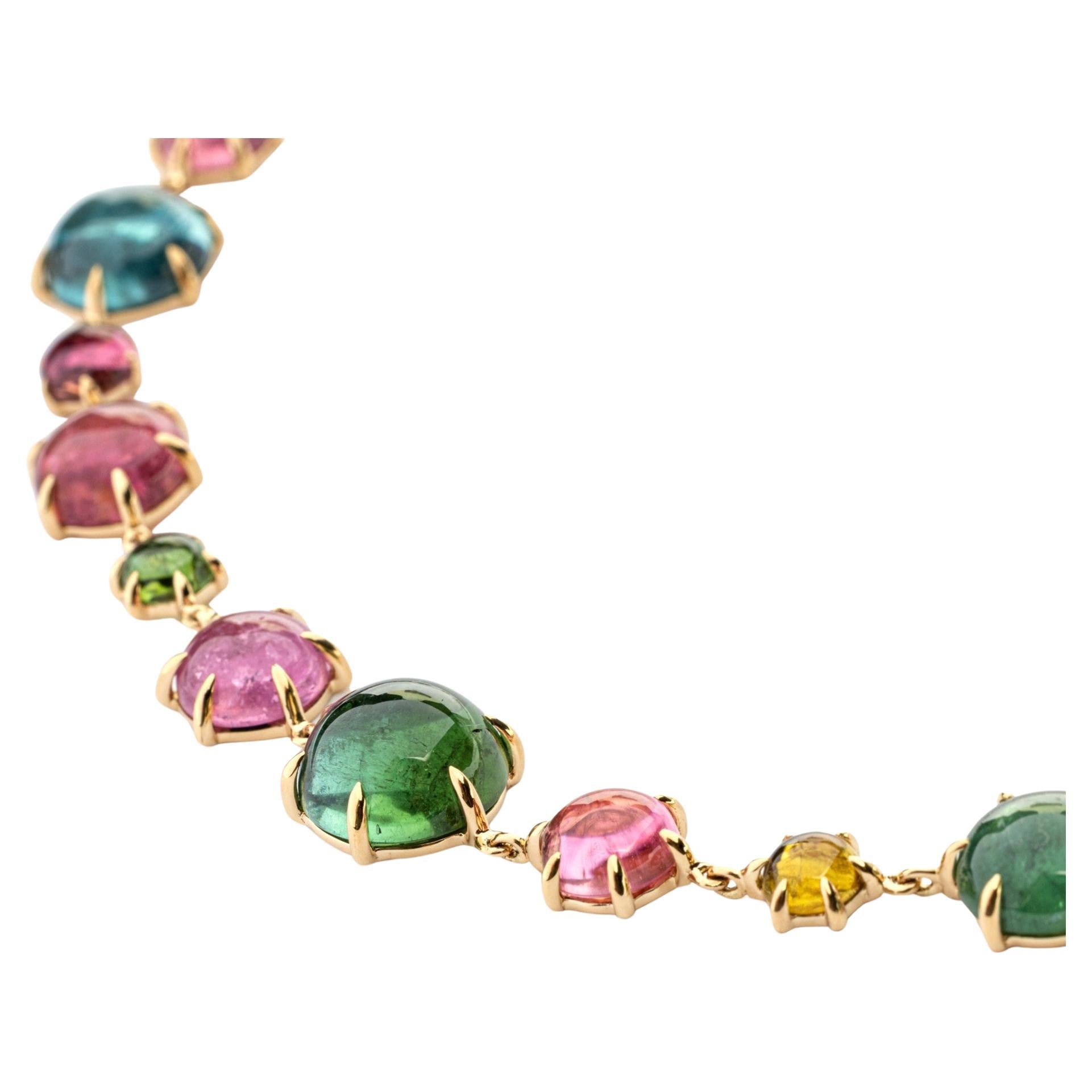 Round Cut Alex Jona Boboli Multicolor Tourmaline 18 Karat Yellow Gold Necklace For Sale