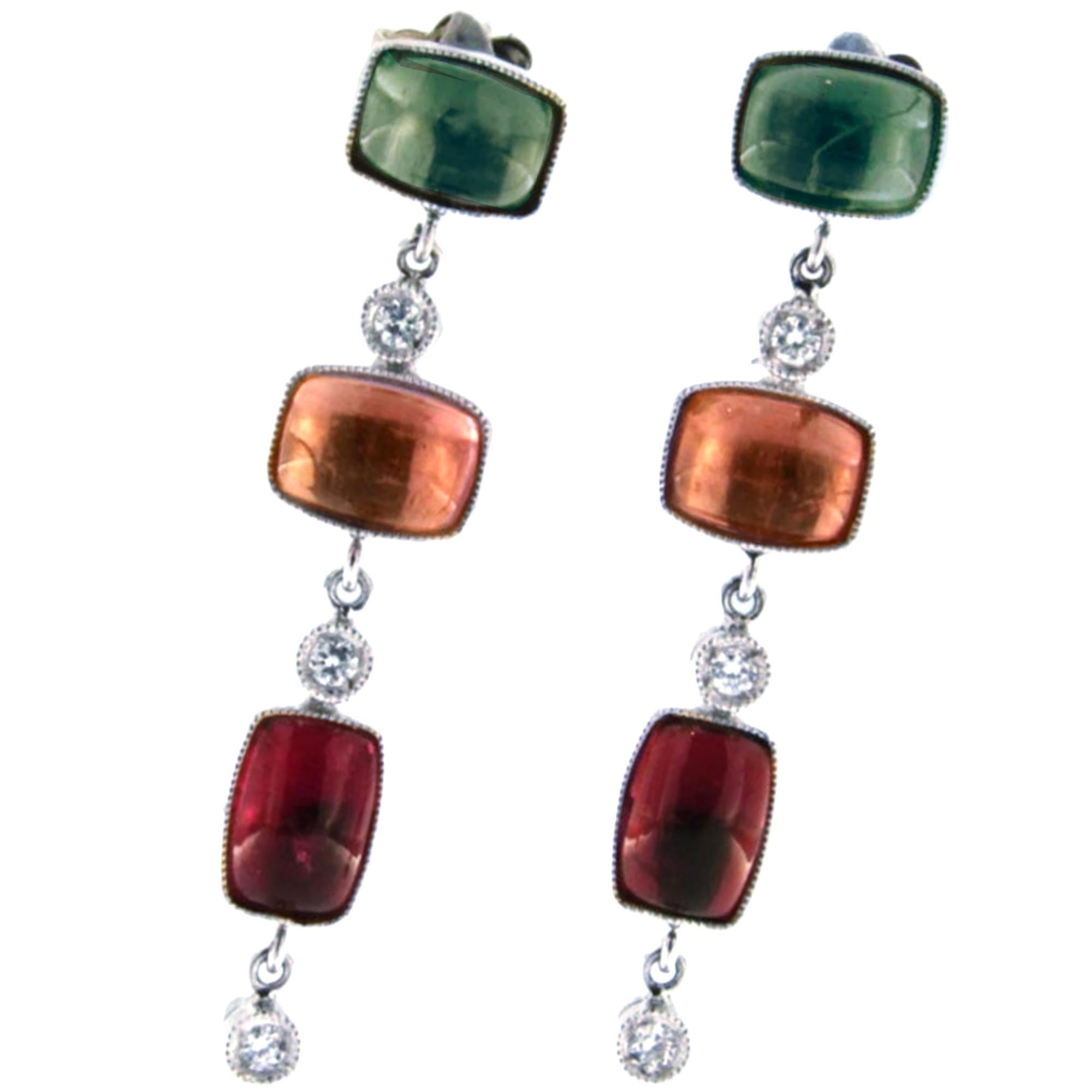 Alex Jona, boucles d'oreilles pendantes en or blanc 18 carats avec tourmaline multicolore et diamant blanc