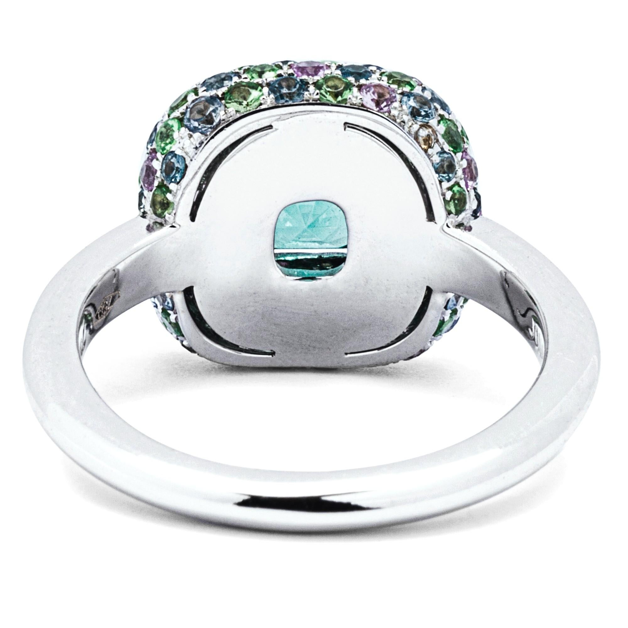 Alex Jona Neon lagoon Tourmaline Sapphire Tsavorite 18 Karat White Gold Ring In New Condition For Sale In Torino, IT