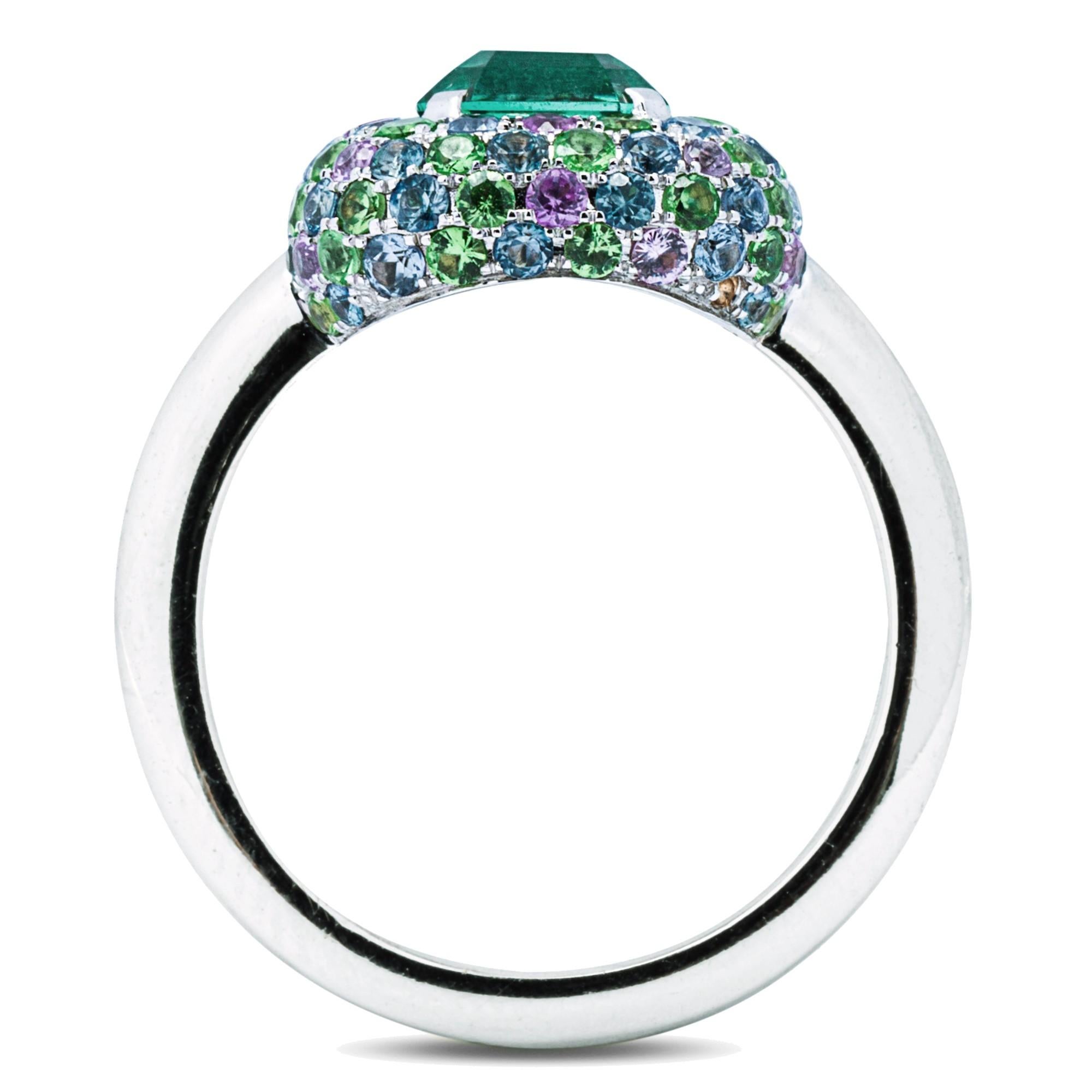 Cushion Cut Alex Jona Neon lagoon Tourmaline Sapphire Tsavorite 18 Karat White Gold Ring For Sale