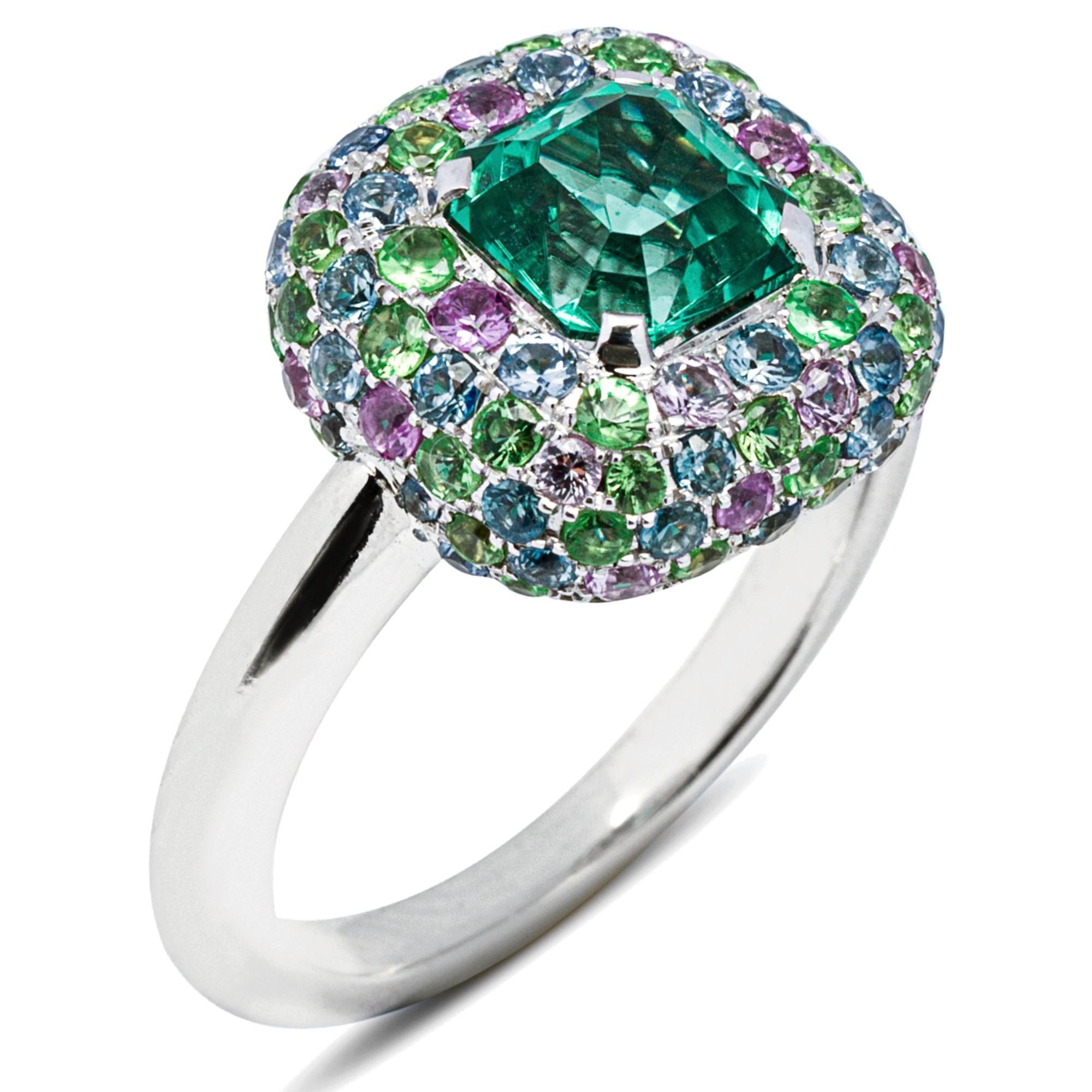 da uomo o donna Alex Jona Anello con tormalina laguna neon, zaffiro e zavorite in oro bianco 18 carati in vendita