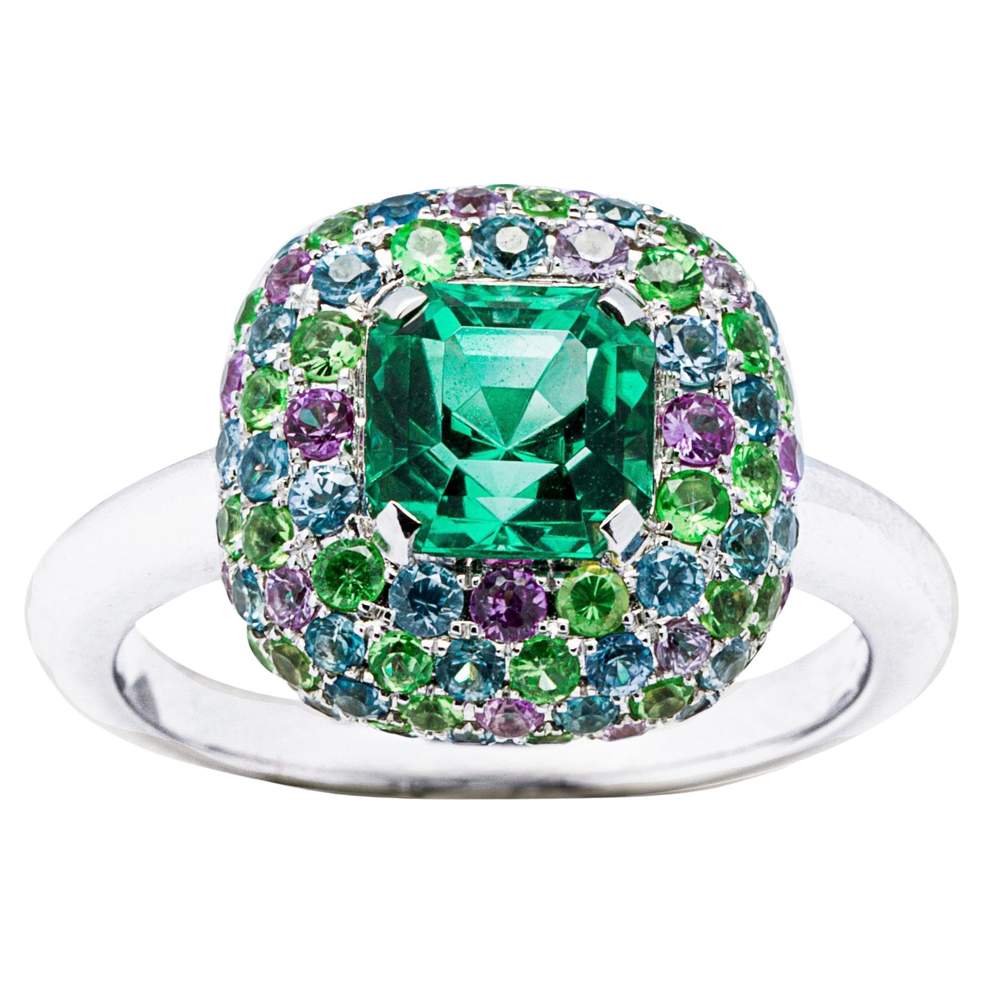 Alex Jona Neon lagoon Tourmaline Sapphire Tsavorite 18 Karat White Gold Ring For Sale