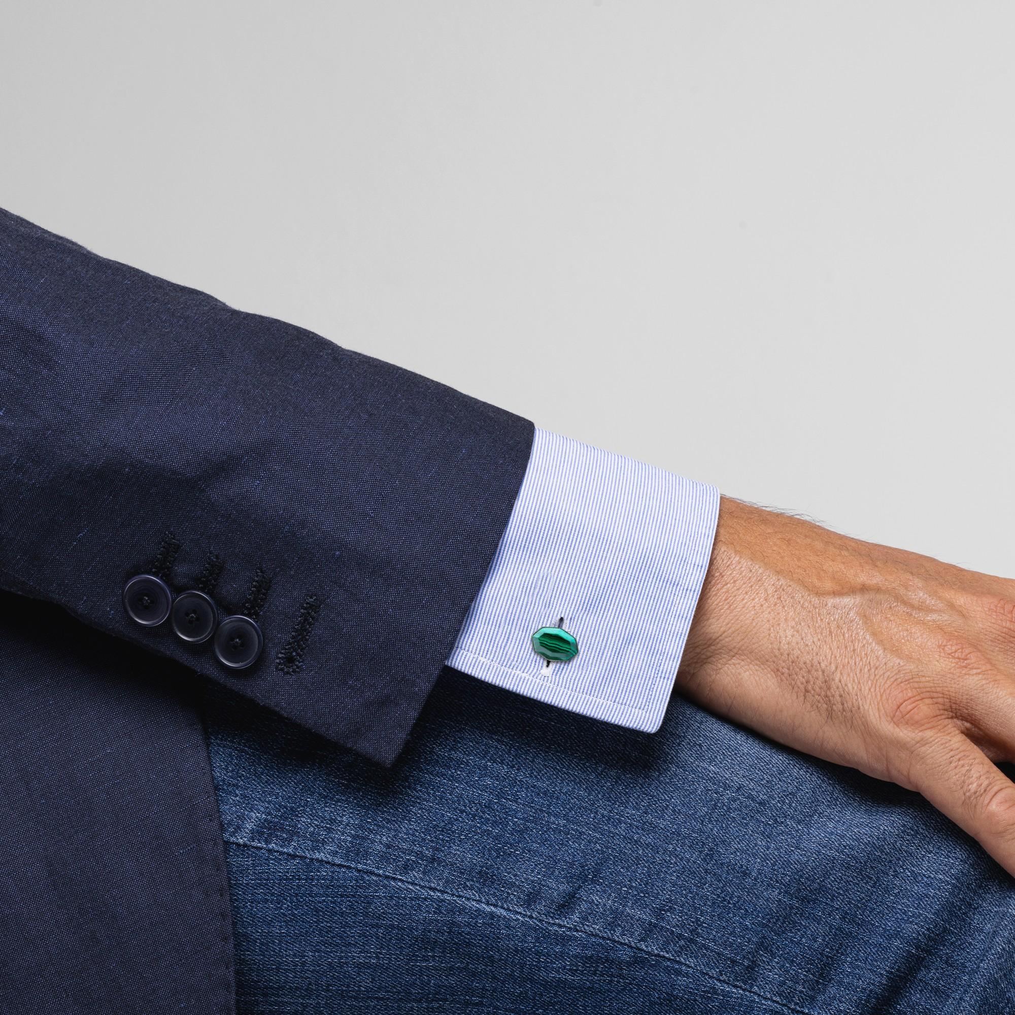 Alex Jona design collection, hand crafted in Italy, octagonal malachite cufflinks mounted in rhodium plated Sterling Silver. 
Alex Jona cufflinks stand out, not only for their special design and for the excellent quality, but also for the careful