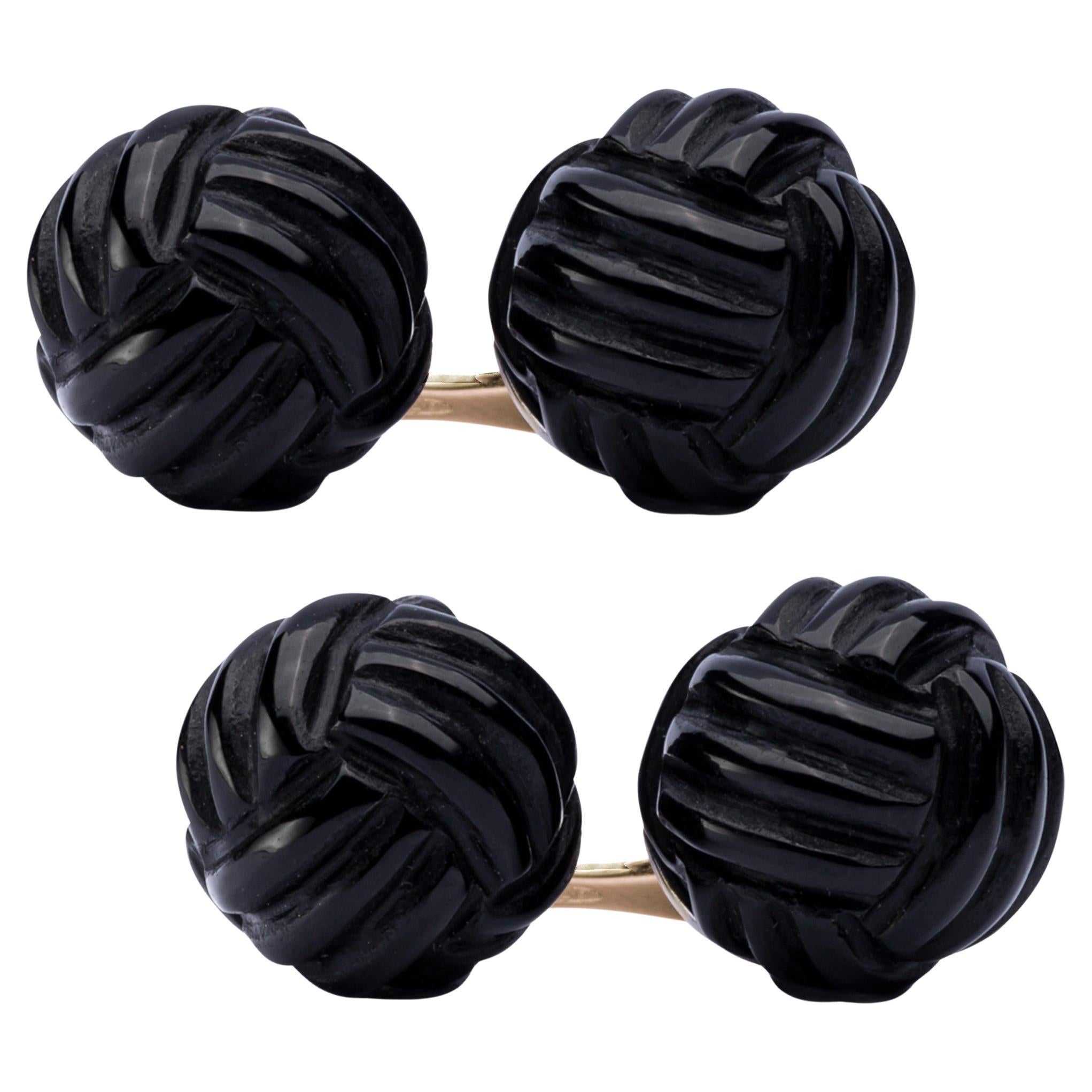 Alex Jona Onyx 18 Karat Yellow Gold Monkey's Fist Knot Cufflinks