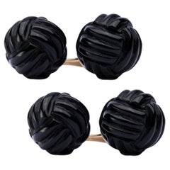 Alex Jona Onyx 18 Karat Yellow Gold Monkey's Fist Knot Cufflinks