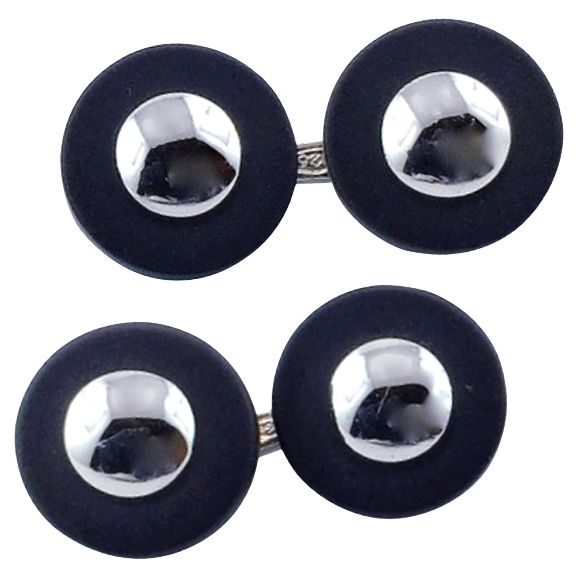 Alex Jona Onyx Button Sterling Silver Cufflinks