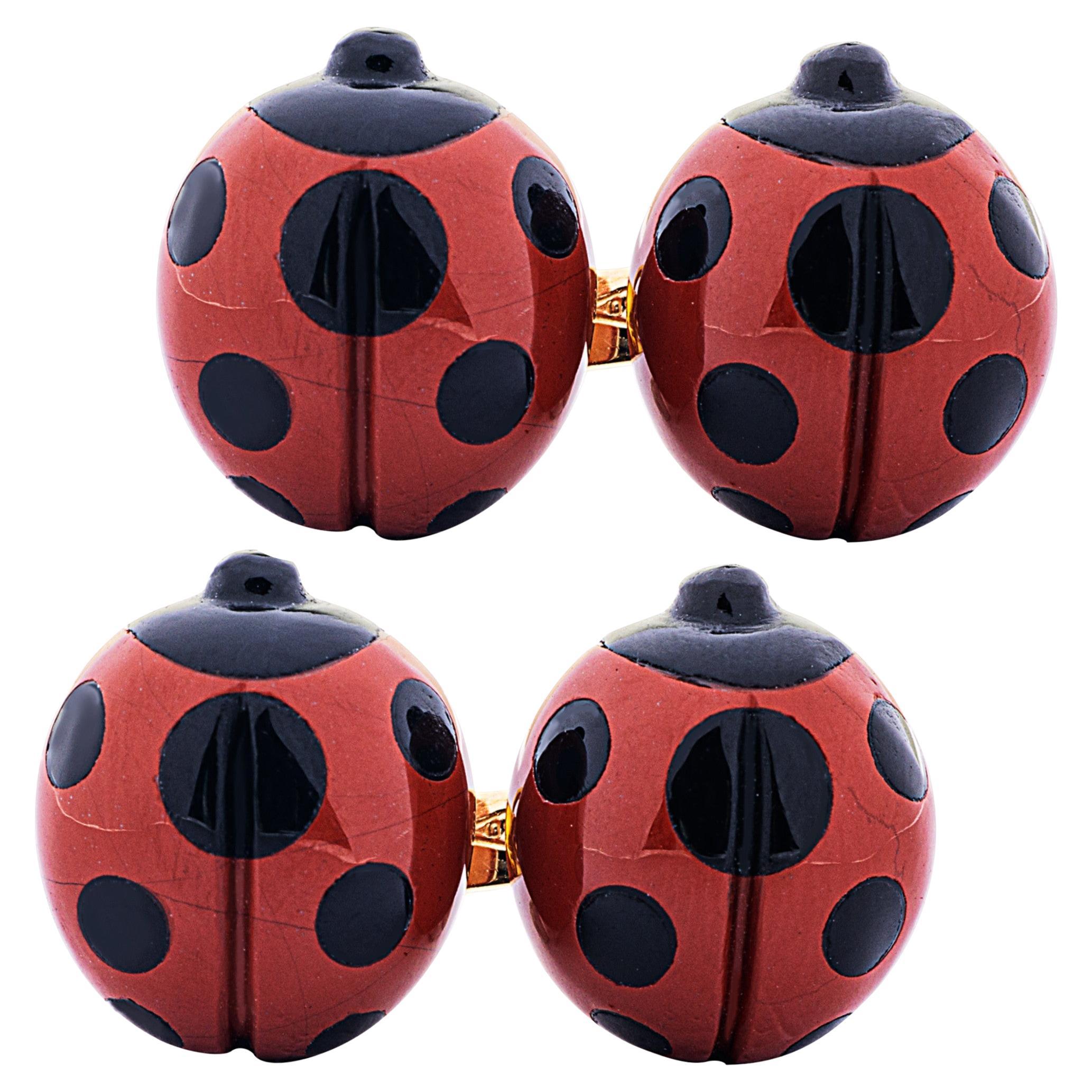 Alex Jona Onyx Carnelian 18 Karat Yellow Gold Ladybug Cufflinks