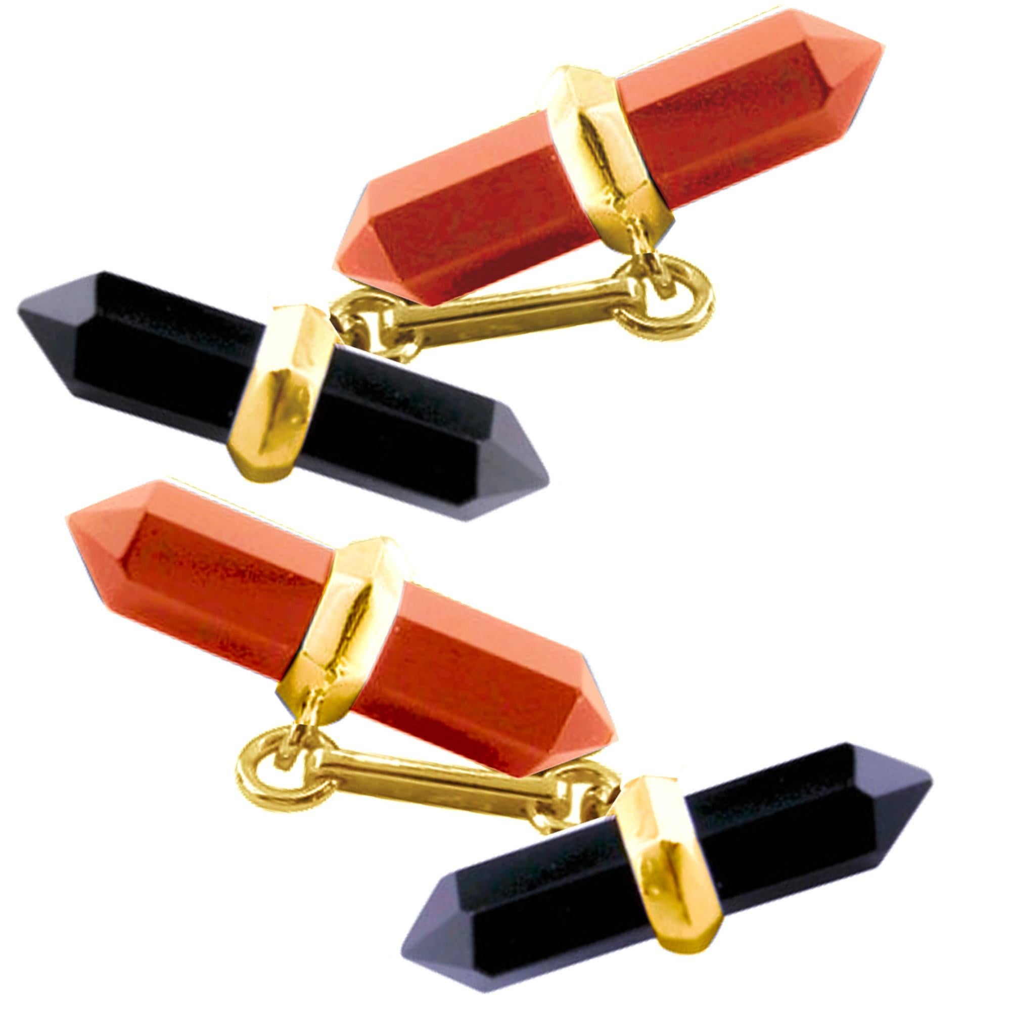 Mixed Cut Alex Jona Onyx Carnelian 18 Karat Yellow Gold Prism Bar Cufflinks For Sale