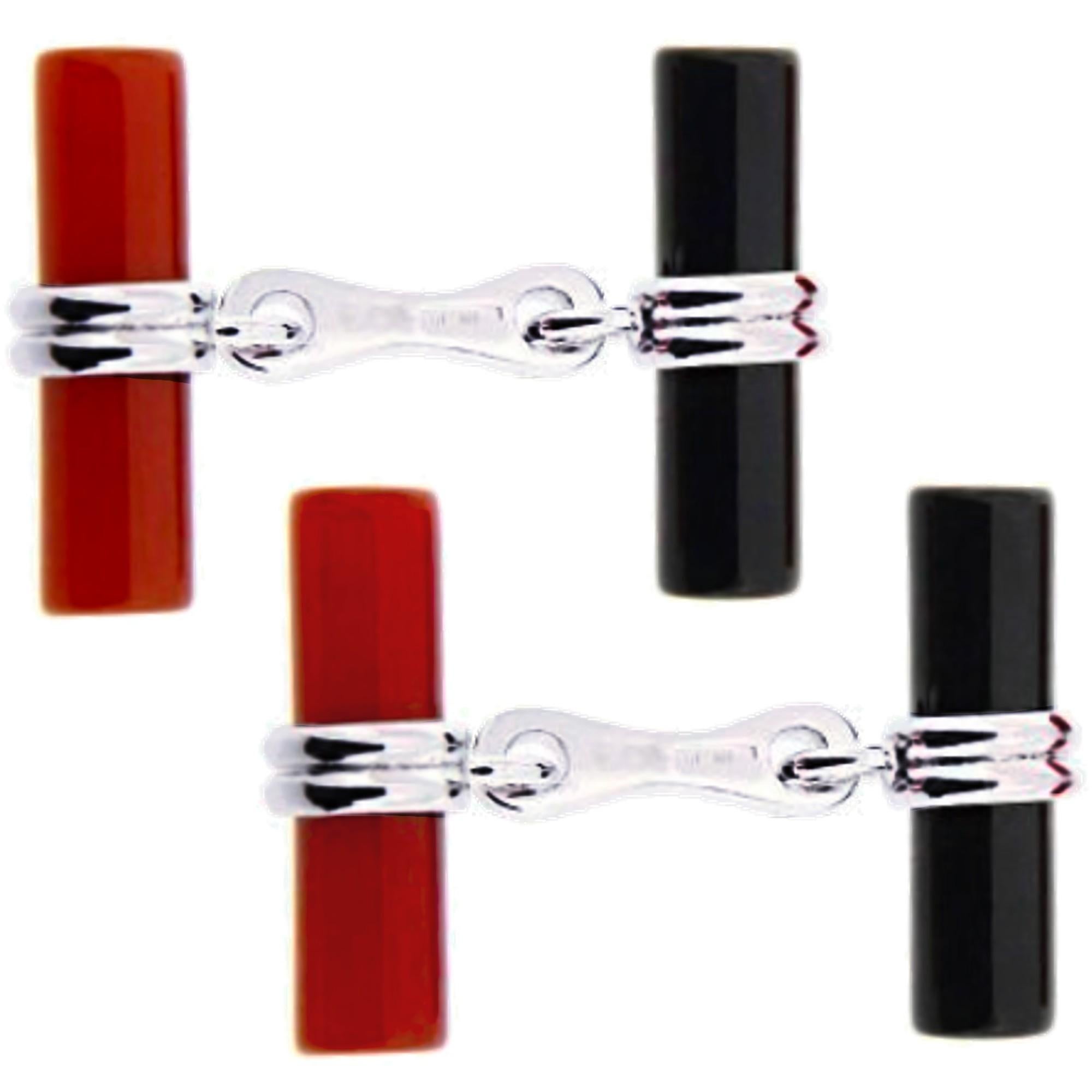 Cabochon Alex Jona Onyx Carnelian Cylinder Sterling Silver Cufflinks For Sale