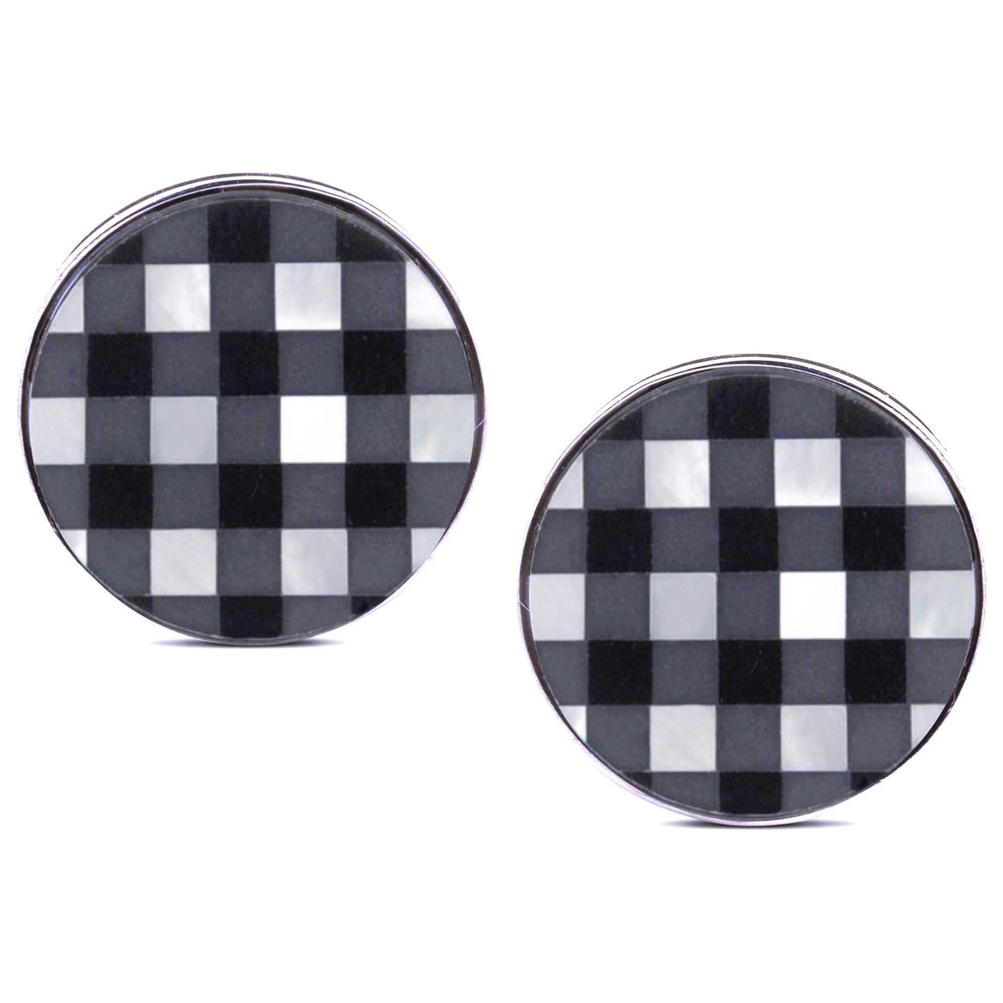 Alex Jona Onyx Chequer Sterling Silver Cufflinks In New Condition For Sale In Torino, IT