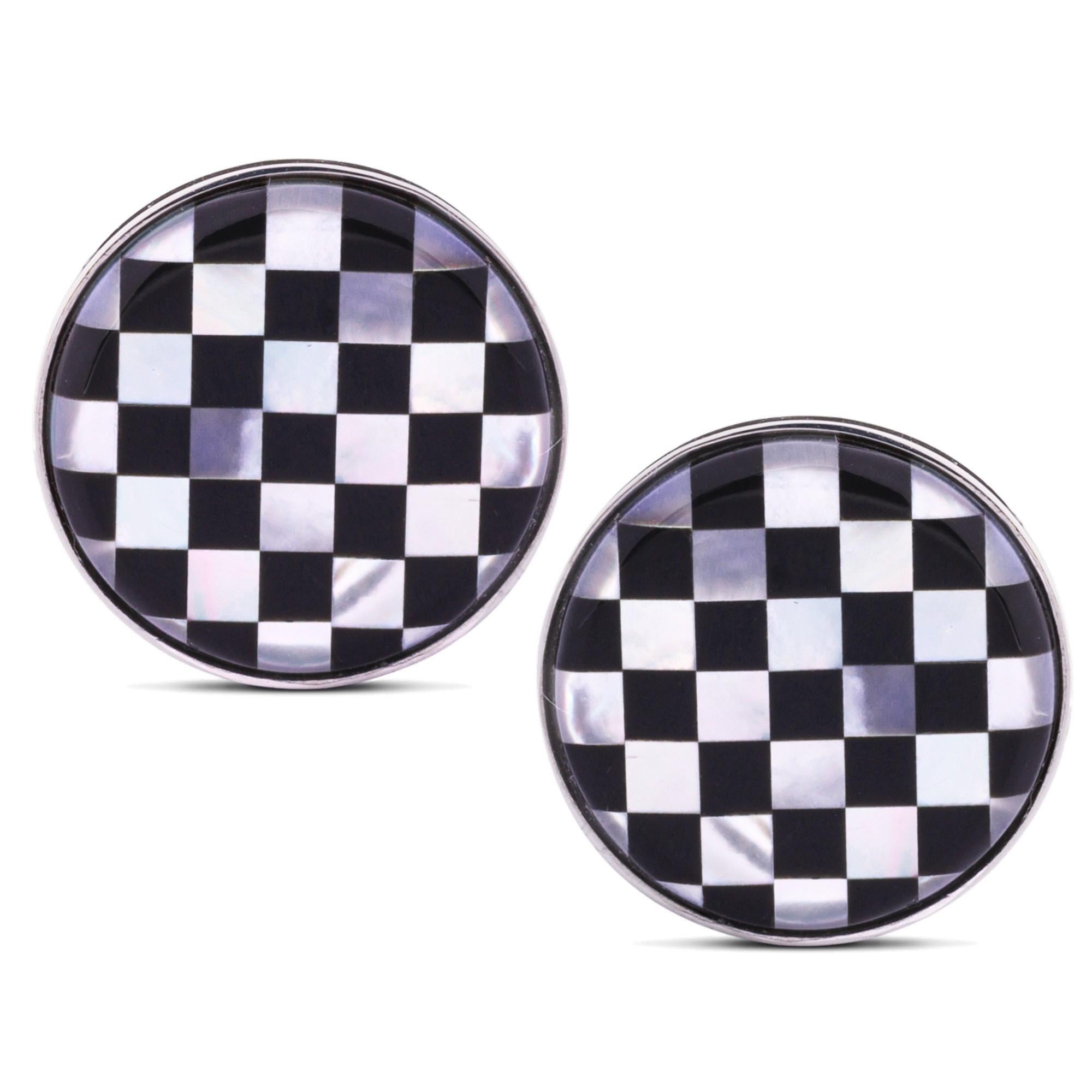 Alex Jona Onyx Chequer Sterling Silver Cufflinks In New Condition For Sale In Torino, IT