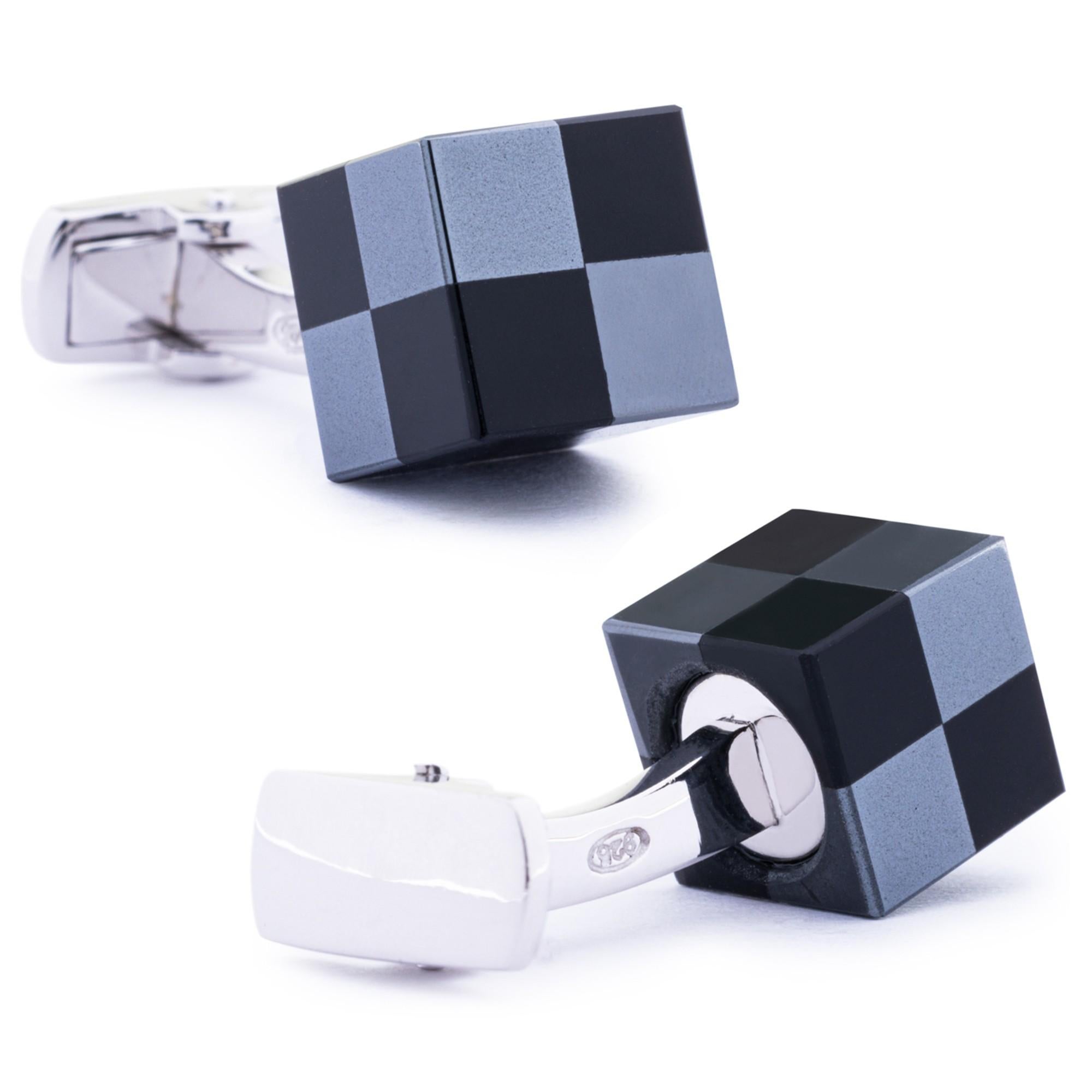 Round Cut Alex Jona Onyx Hematite Sterling Silver Cube Cufflinks For Sale