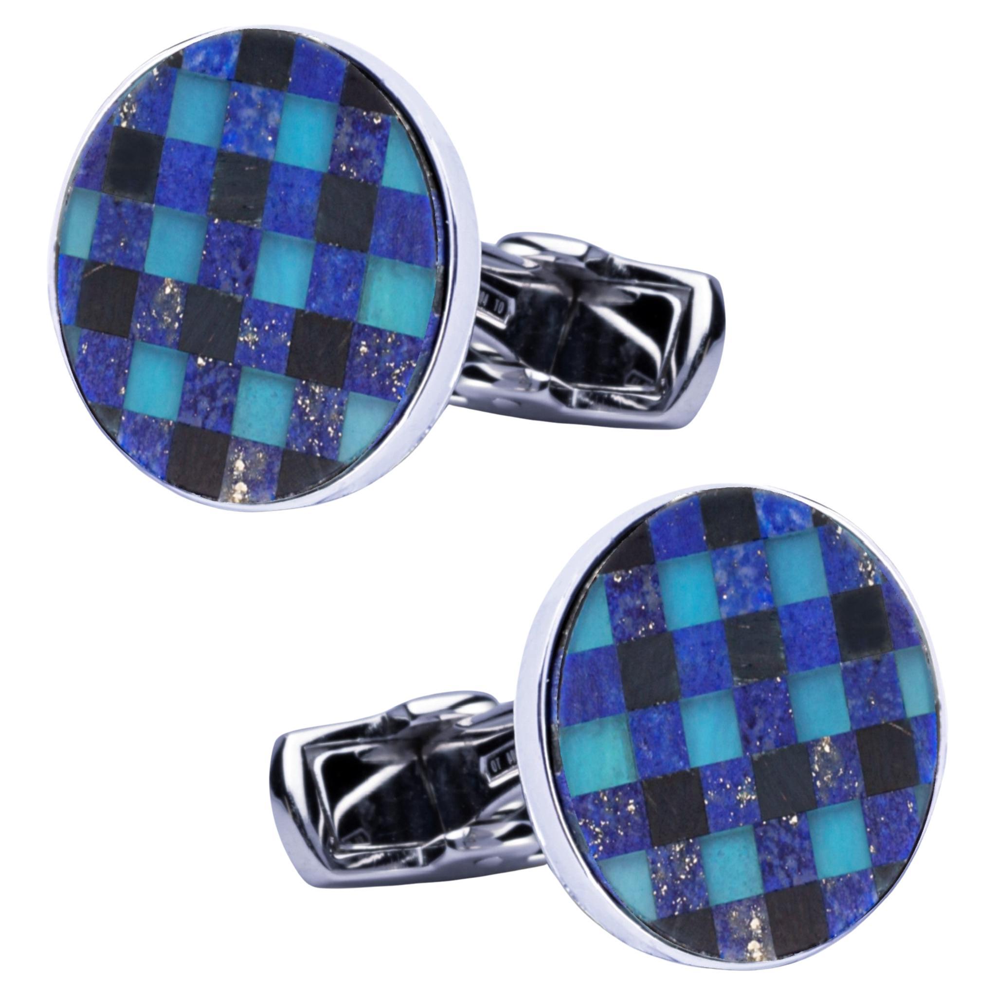 Alex Jona Onyx Lapislazuli Chalcedon Chequer Sterling Silber Manschettenknöpfe