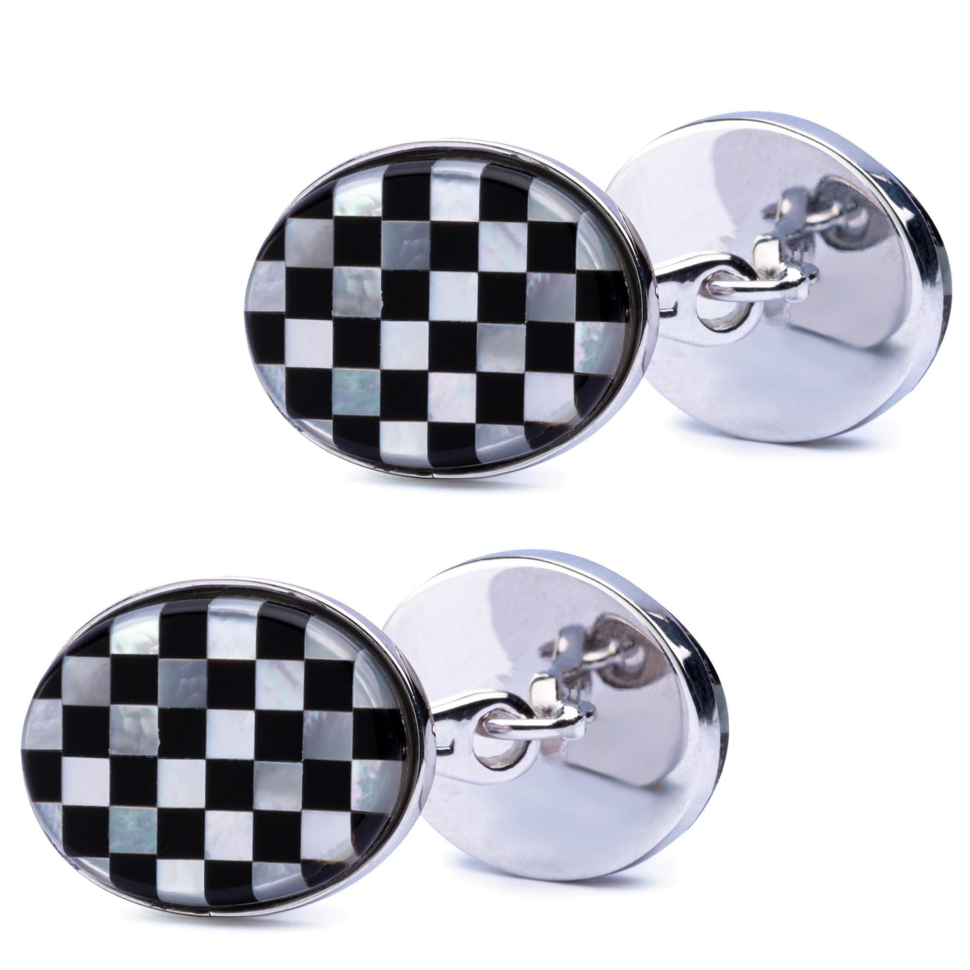 Oval Cut Alex Jona Onyx Oval Chequer Sterling Silver Cufflinks For Sale