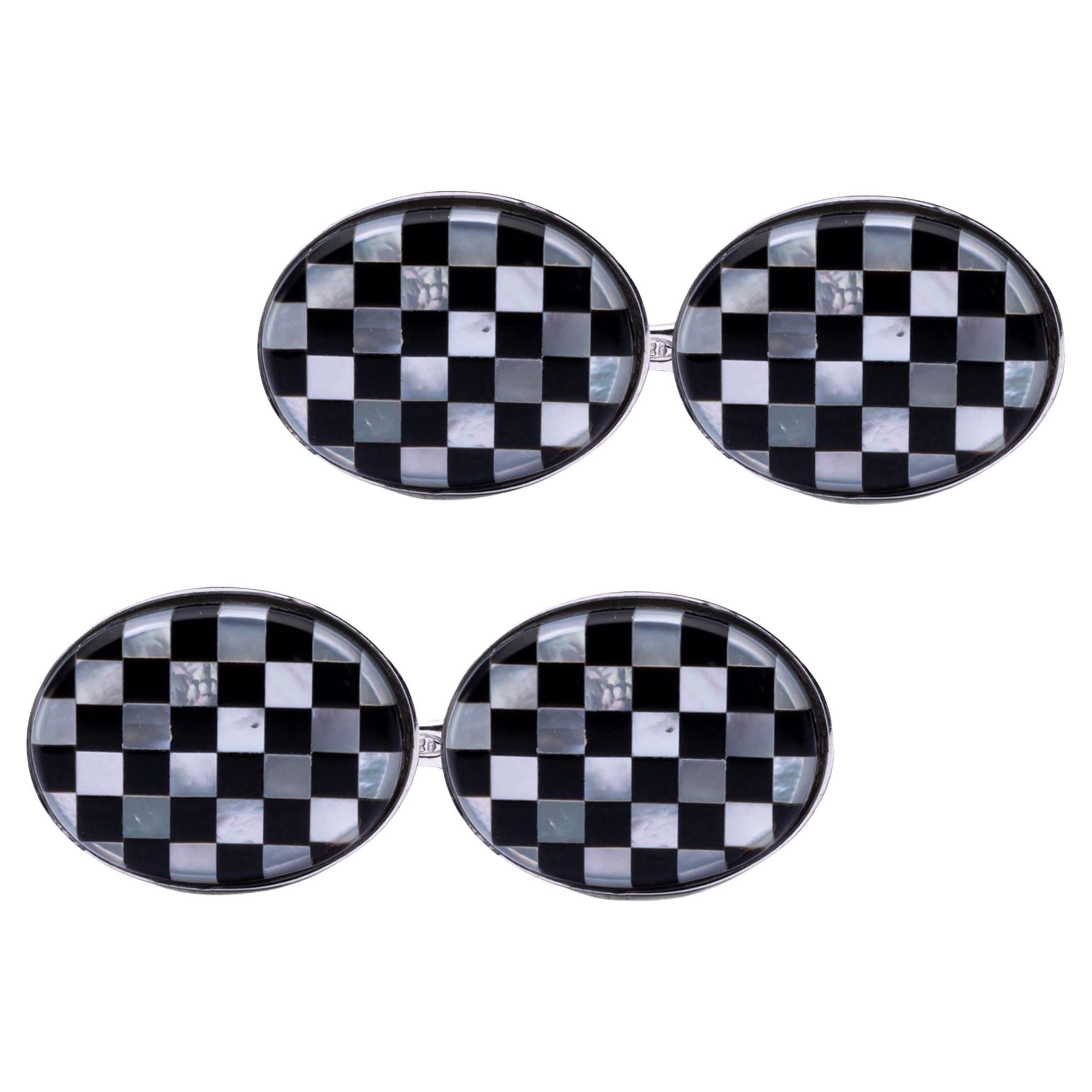 Alex Jona Onyx Oval Chequer Sterling Silver Cufflinks For Sale
