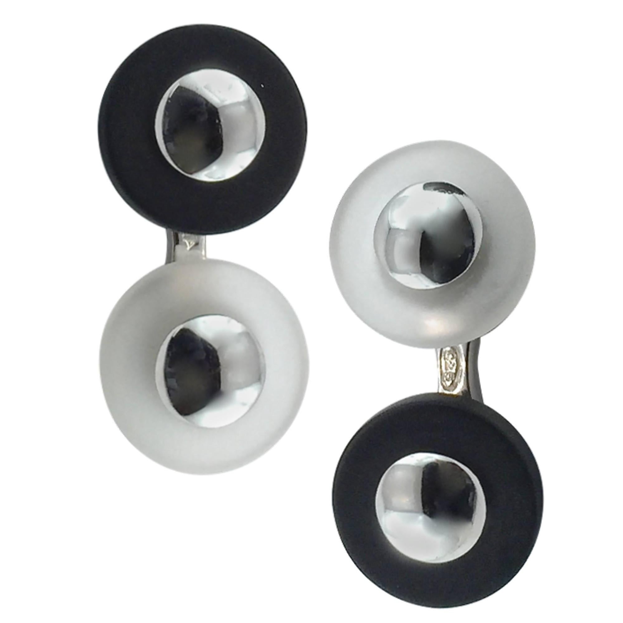 Round Cut Alex Jona Onyx Rock Crystal Button Sterling Silver Cufflinks For Sale