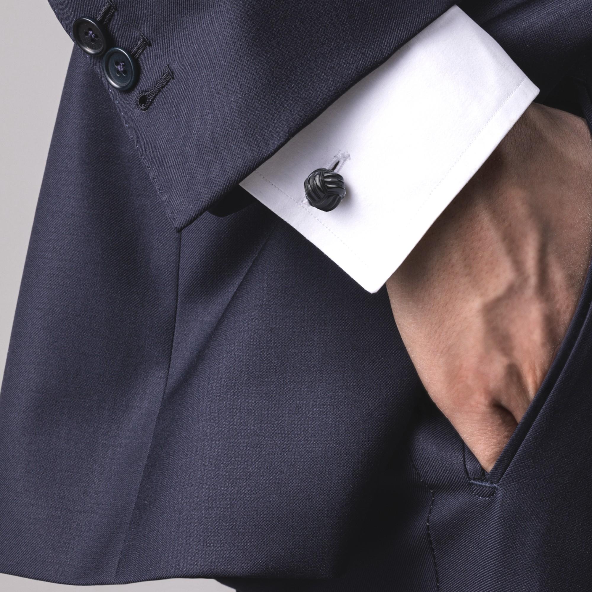 Alex Jona design collection, hand crafted in Italy, carved Onyx Monkey's Fist Knot cufflinks mounted in rhodium plated Sterling Silver. These cufflinks feature a T-Bar fastening, aiding in easy use and confidence that they'll stay secured to your