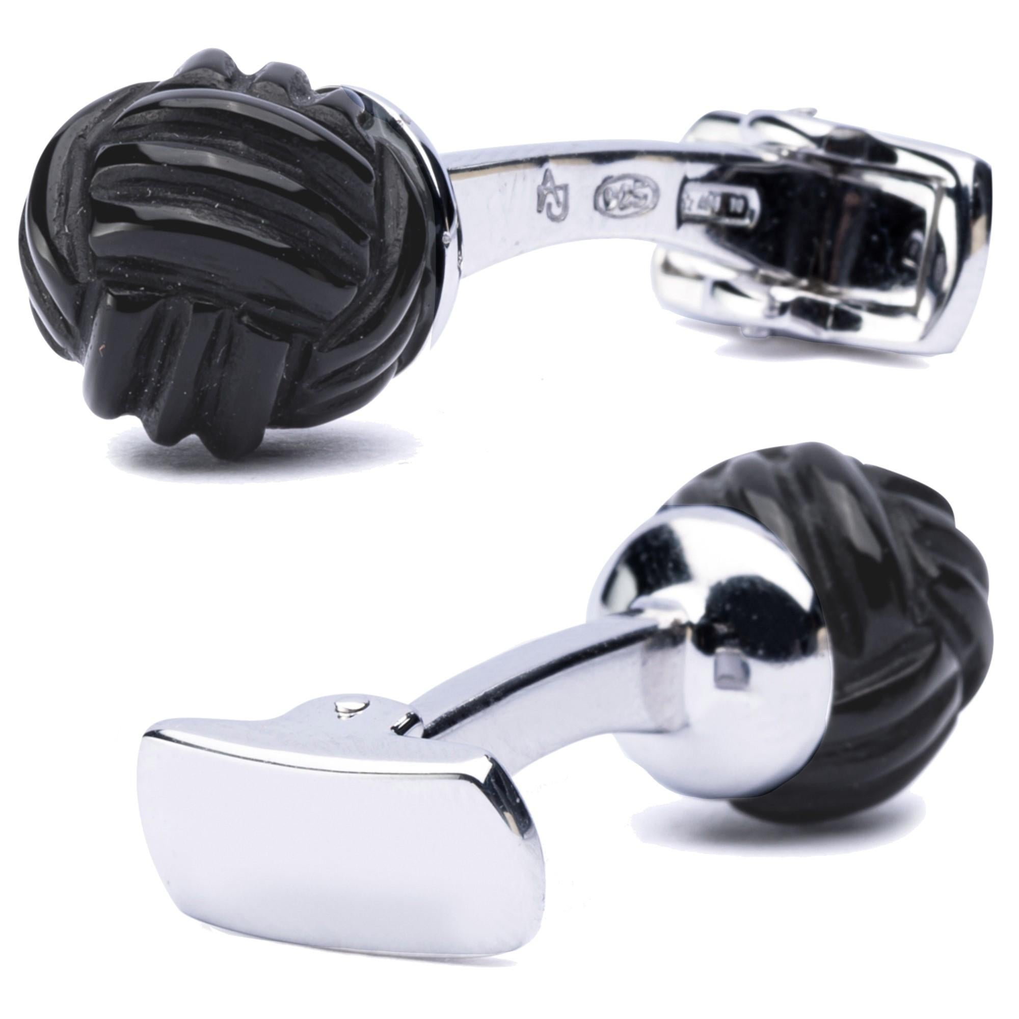 Round Cut Alex Jona Onyx Sterling Silver Monkey's Fist Knot Cufflinks For Sale