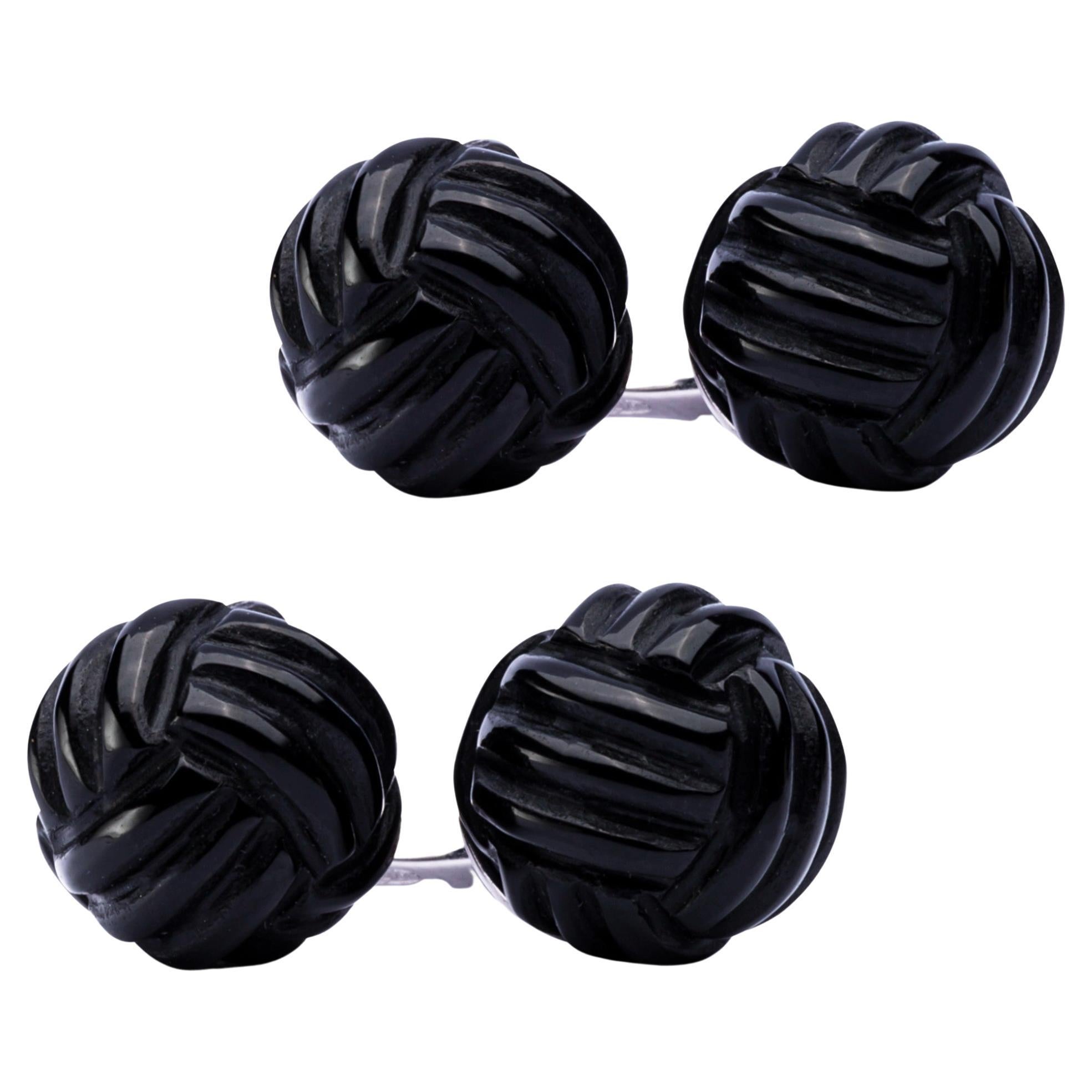 Alex Jona Onyx Sterling Silver Monkey's Fist Knot Cufflinks For Sale