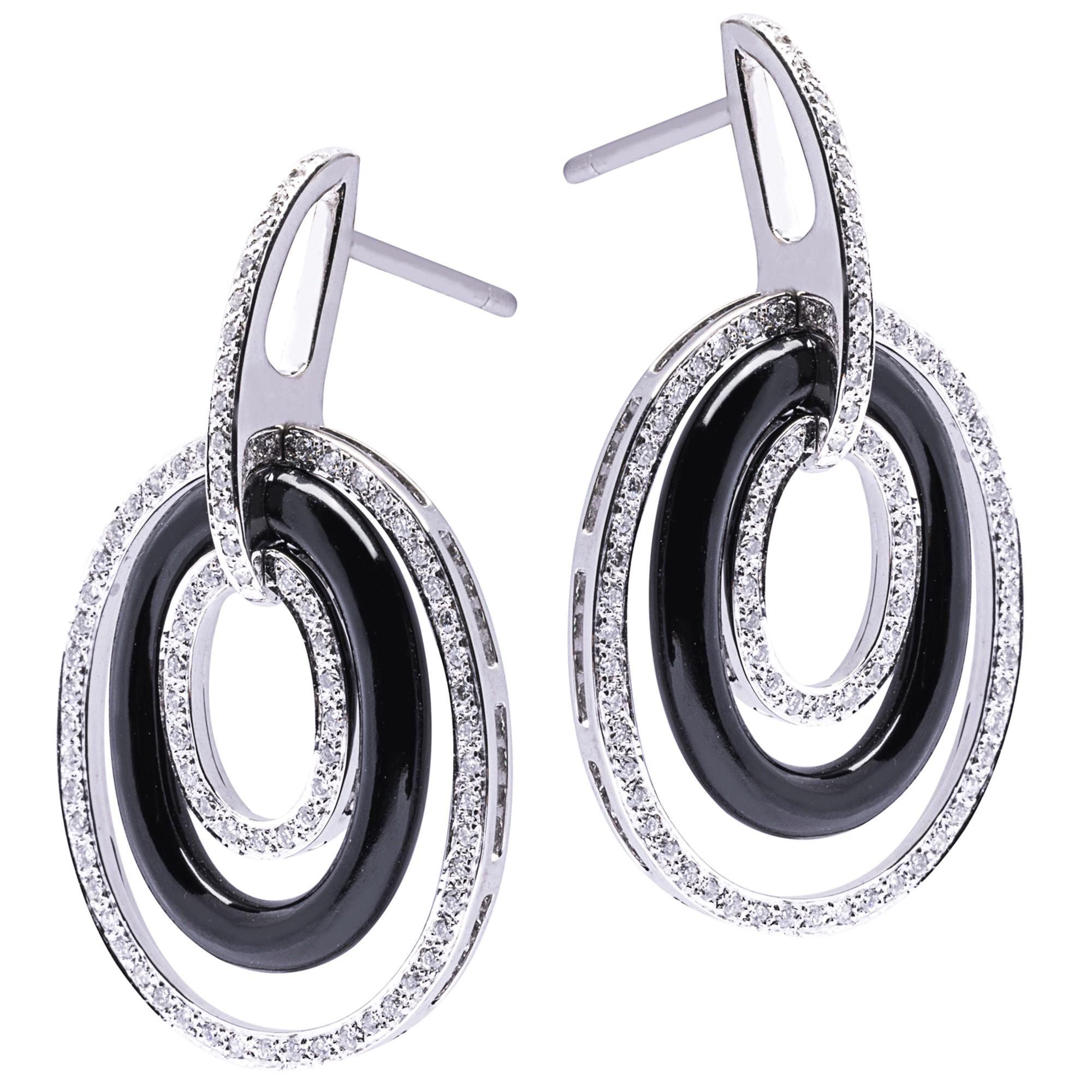 Round Cut Alex Jona Onyx White Diamond 18 Karat White Gold Pendant Earrings For Sale