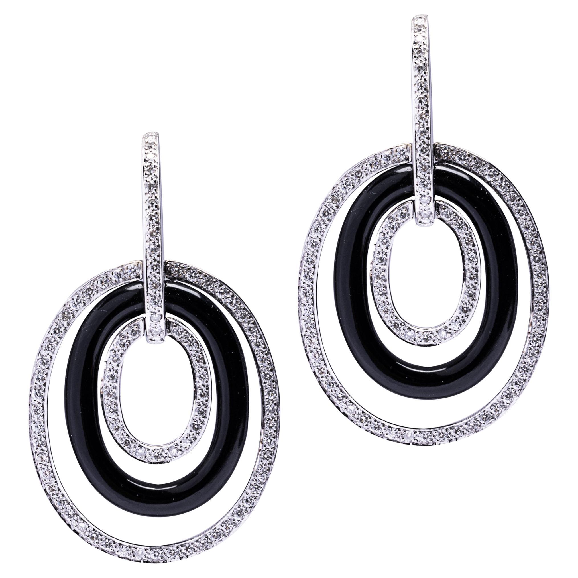 Alex Jona Onyx White Diamond 18 Karat White Gold Pendant Earrings