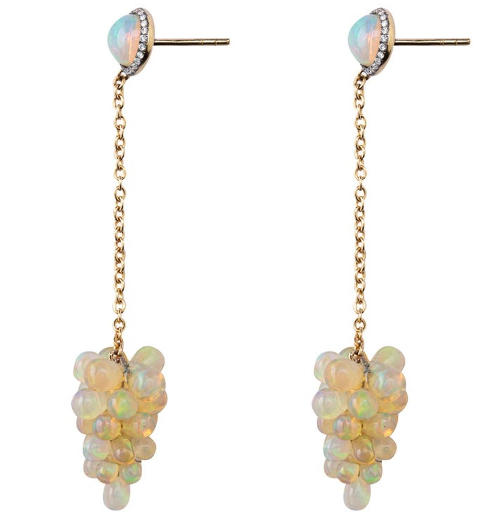 Cabochon Alex Jona Opal Cluster Diamond 18 Karat Yellow Gold Pendant Earrings For Sale