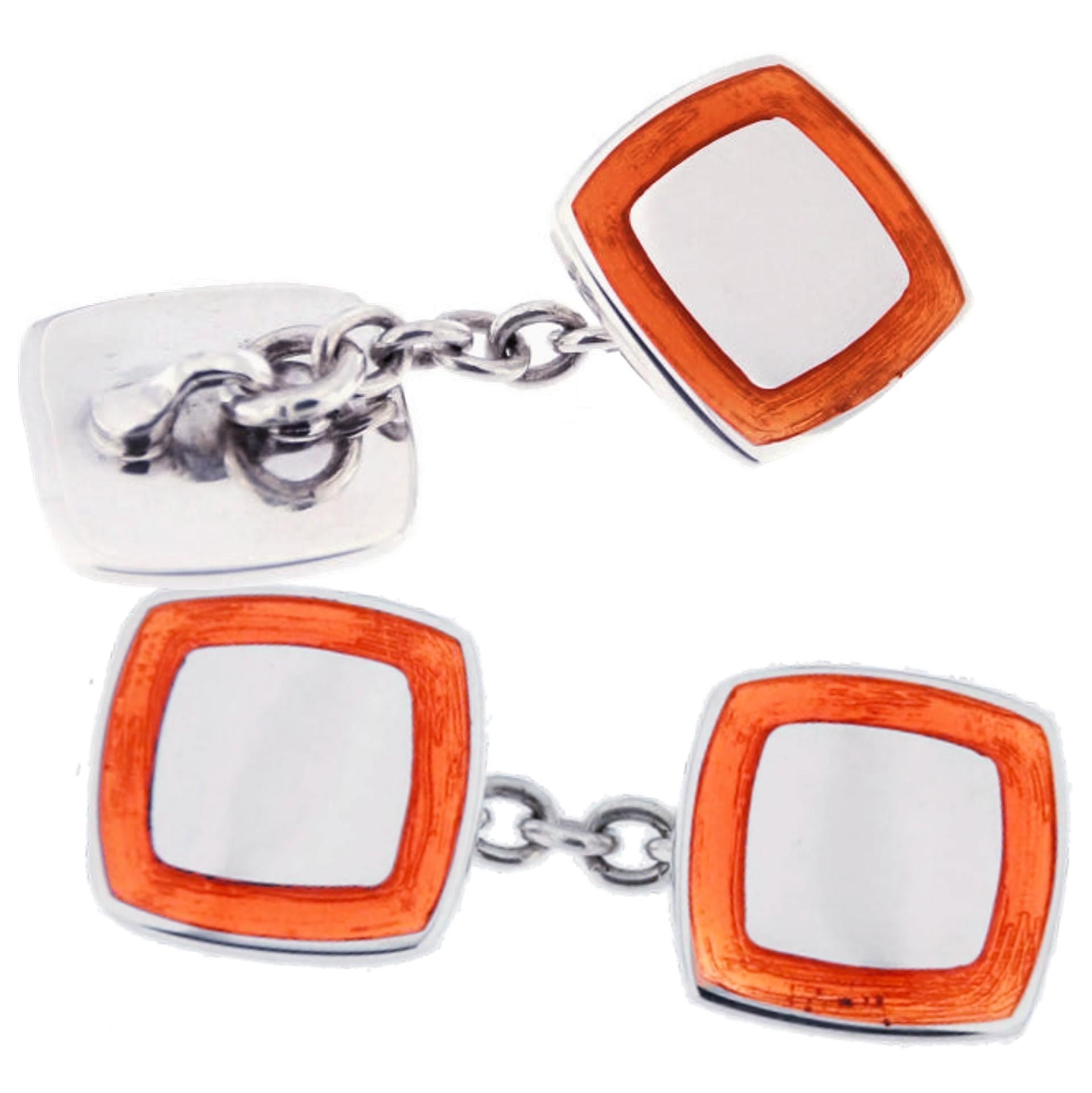 Alex Jona Orange Enamel Sterling Silver Cufflinks In New Condition For Sale In Torino, IT
