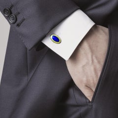 Alex Jona Oval Blue Yellow Fire Enamel Sterling Silver Guilloché Cufflinks