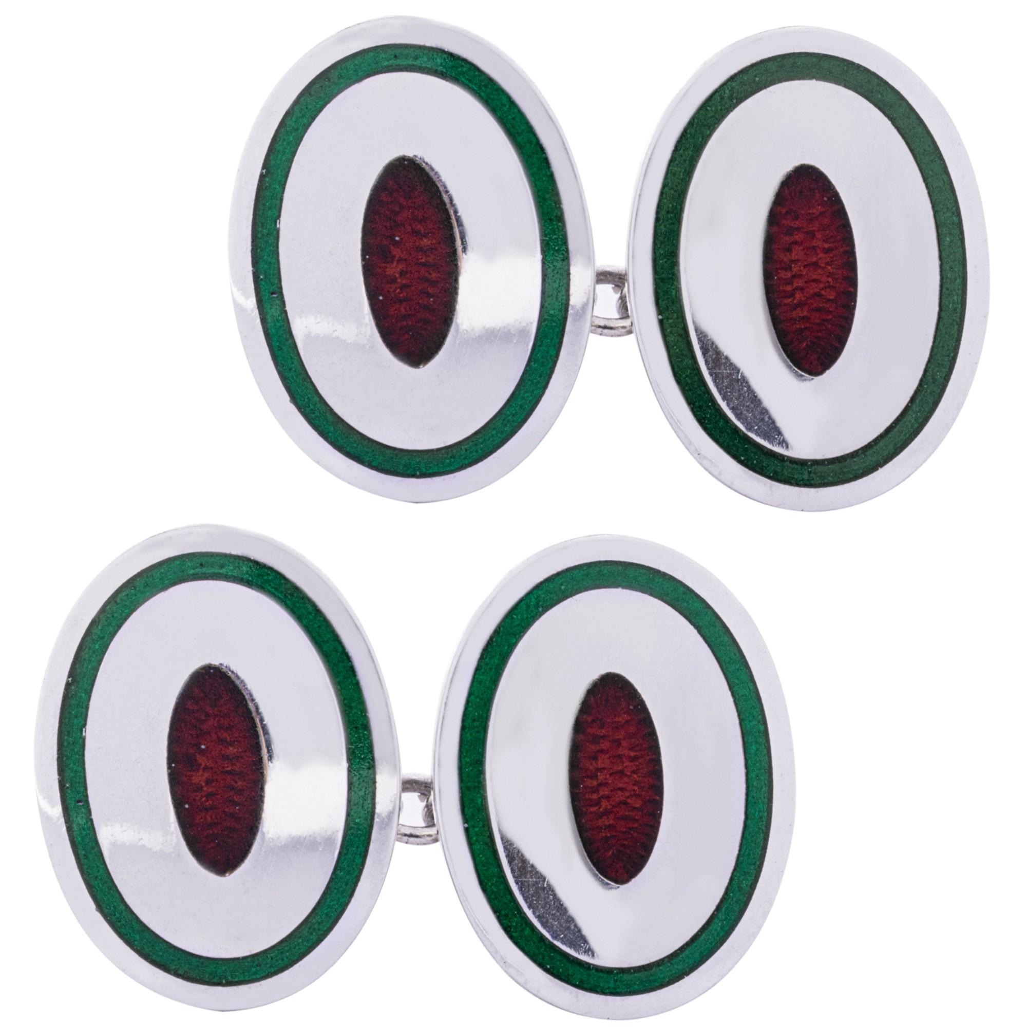 Alex Jona Oval Green Red Enamel Sterling Silver Cufflinks
