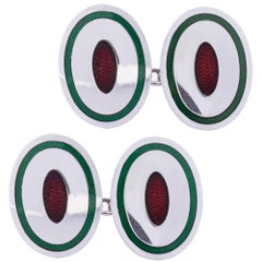 Alex Jona Oval Green Red Enamel Sterling Silver Cufflinks