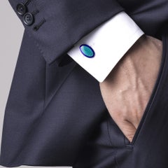 Boutons de manchette en argent sterling d'Alex Jona Guilloché ovale émail de feu bleu et vert clair
