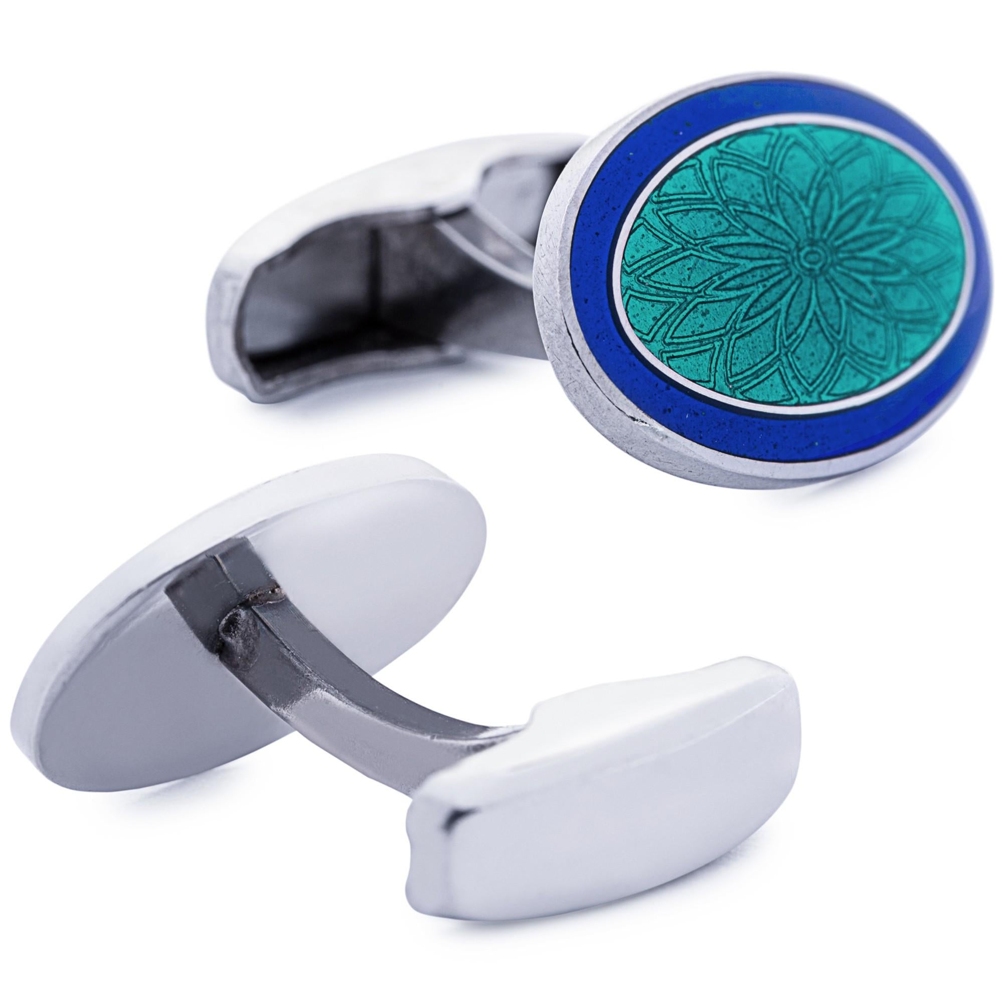 Alex Jona Oval Guilloché Blue Light Green Fire Enamel Sterling Silver Cufflinks In New Condition For Sale In Lugano, CH