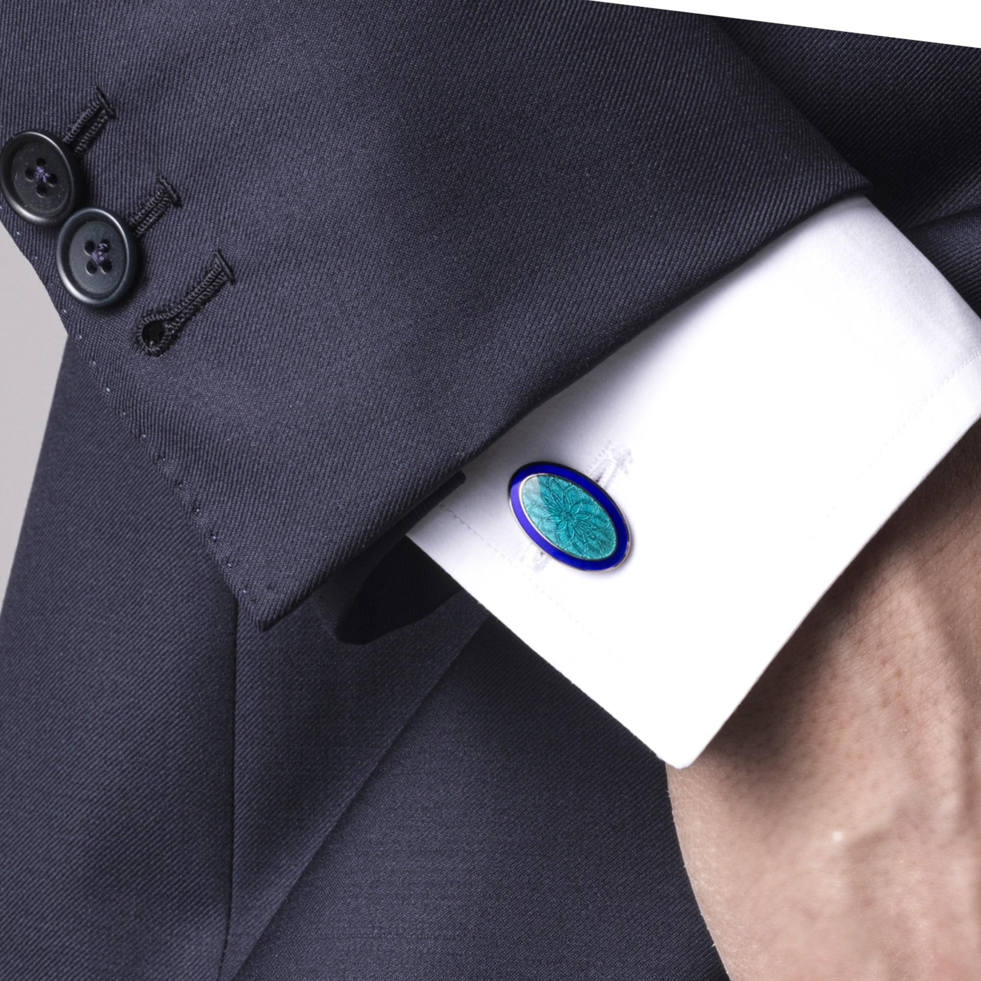 Men's Alex Jona Oval Guilloché Blue Light Green Fire Enamel Sterling Silver Cufflinks For Sale