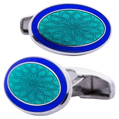 Alex Jona Oval Guilloché Blue Light Green Fire Enamel Sterling Silver Cufflinks