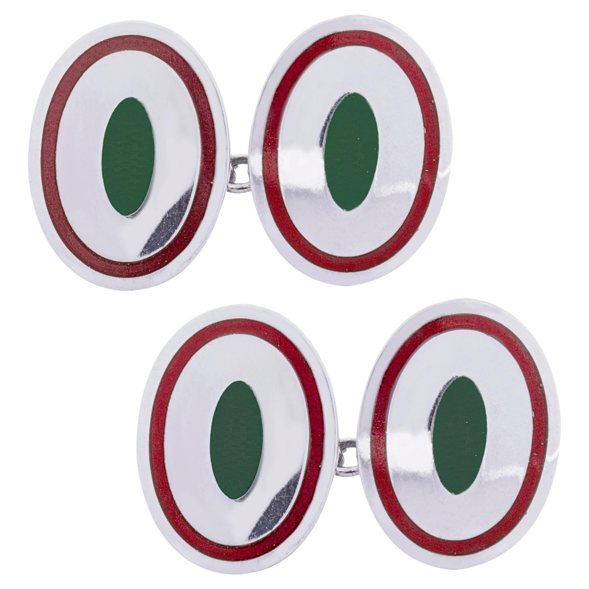 Alex Jona Oval Rot Grün Emaille Sterling Silber Oval Manschettenknöpfe