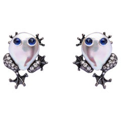 Alex Jona Pearl Sapphire White Diamond 18 Karat White Gold Frog Clip-on Earrings