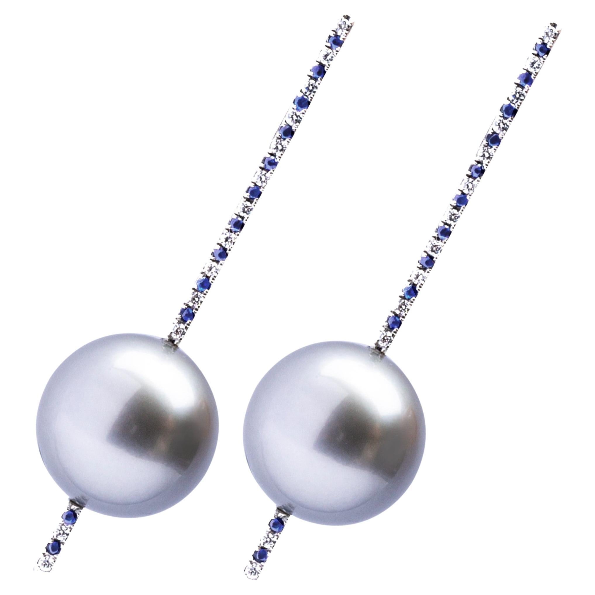 Alex Jona Pearl White Diamonds Blue Sapphires 18 Karat White Gold Drop Earrings For Sale