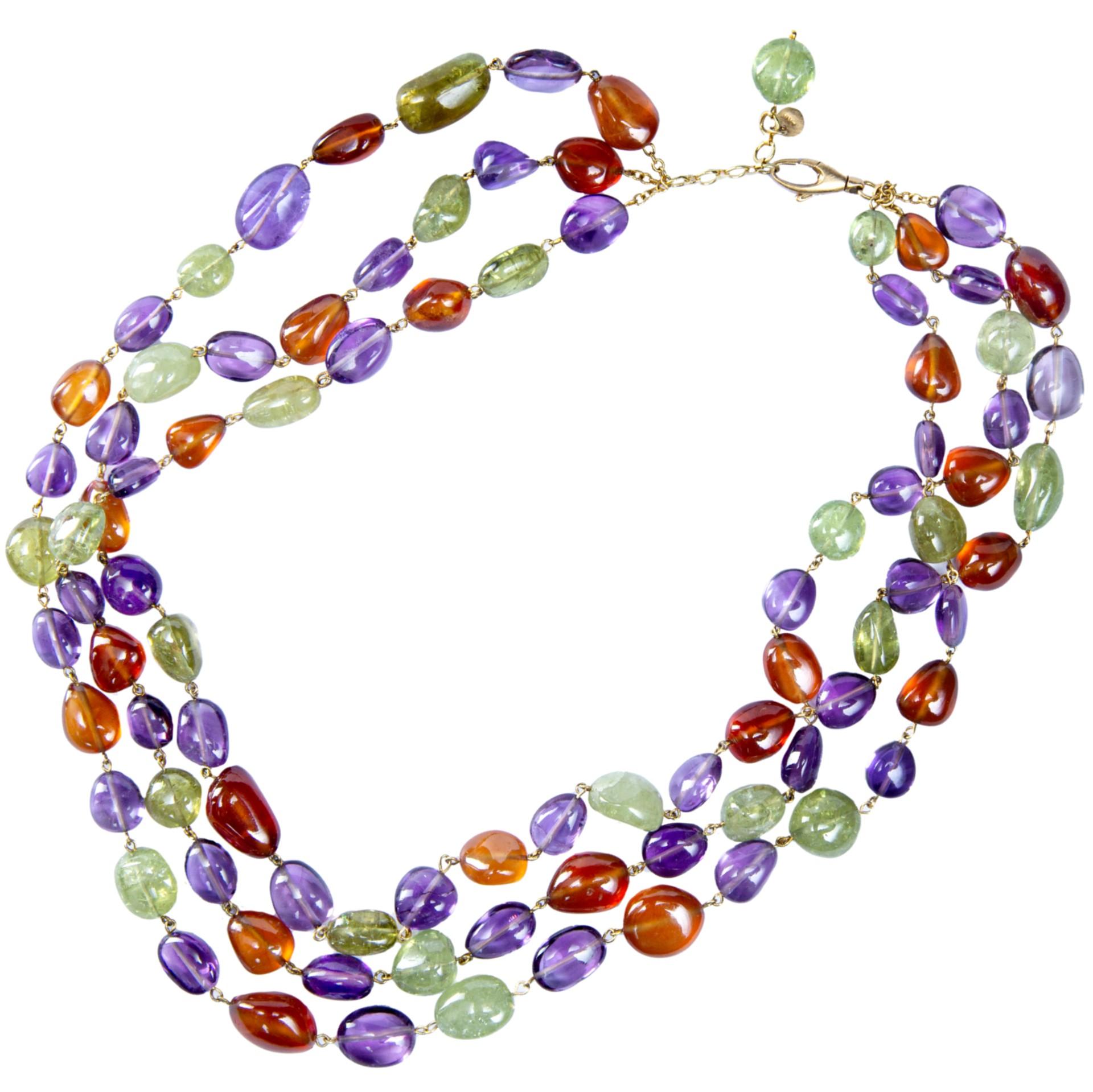 Alex Jona Dreireihige Halskette aus 18 Karat Gelbgold mit Peridot, Amethyst und Karneol