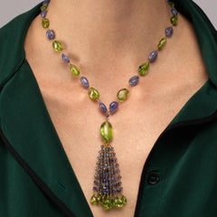 Alex Jona Peridot Iolite 18 Karat Gold Tassel Beaded Necklace