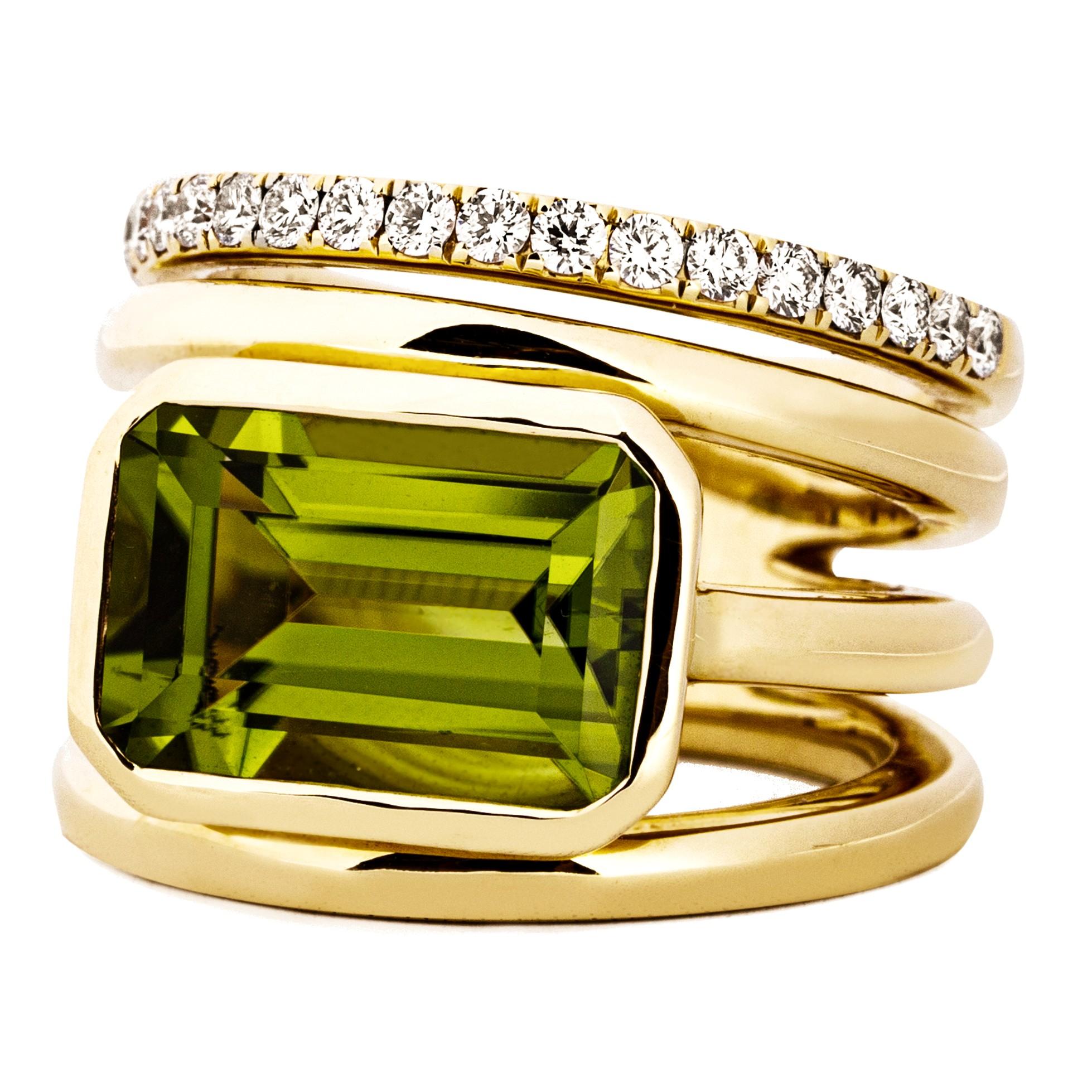 Cushion Cut Alex Jona Peridot White Diamond 18 Karat Yellow Gold Band Ring For Sale