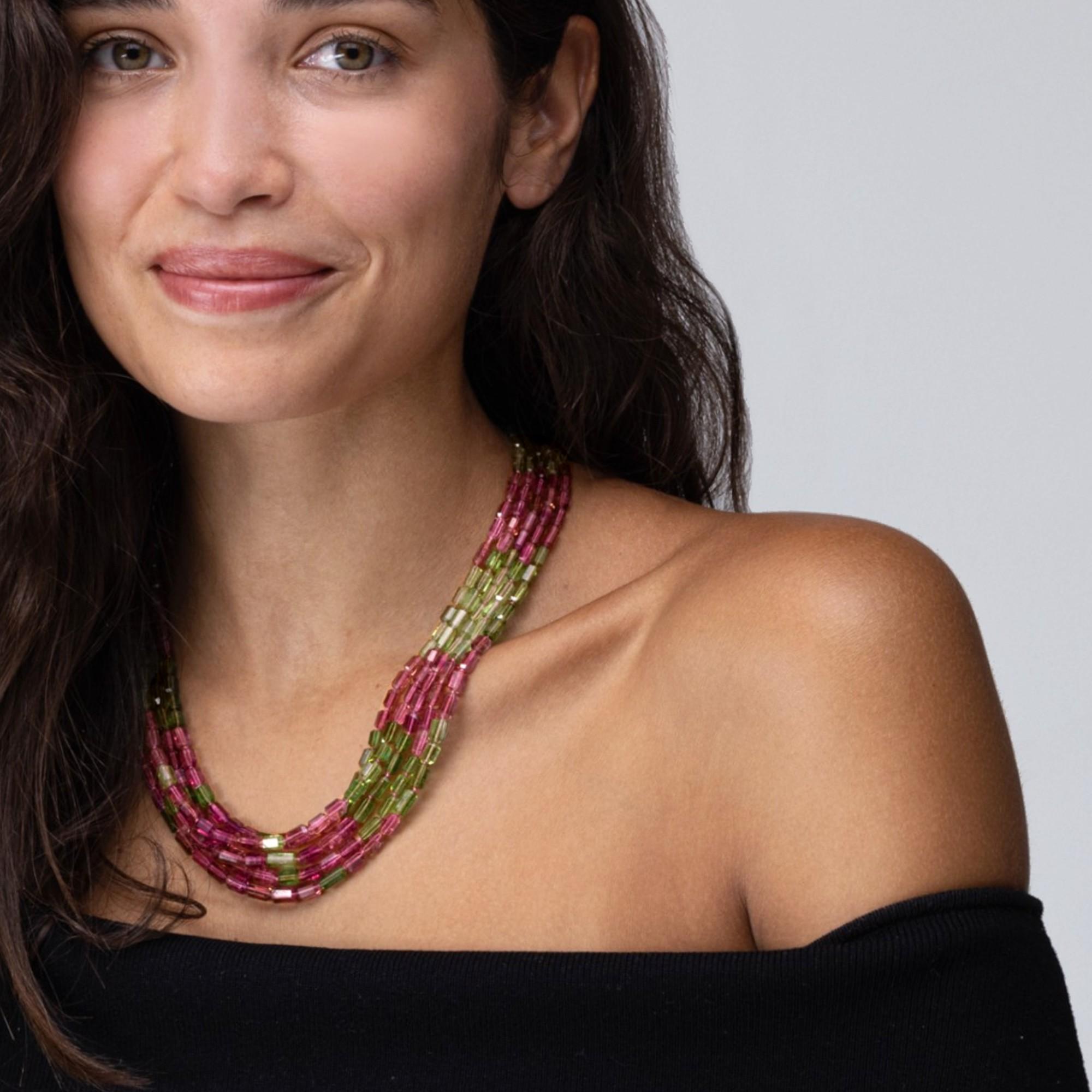 Fünfreihige Halskette von Jona aus 18 Karat Gold mit rosa und grünem Turmalin im Angebot 1