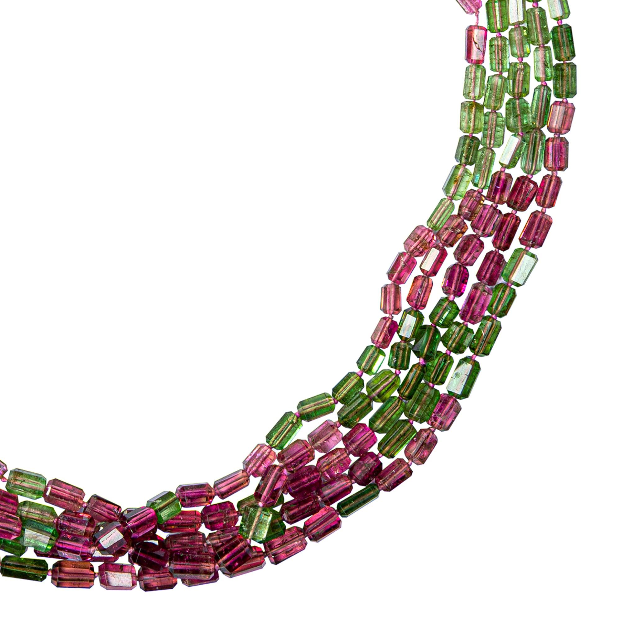 Alex Jona Pink Green Tourmaline 18 Karat Gold Five Strand Necklace For Sale 2